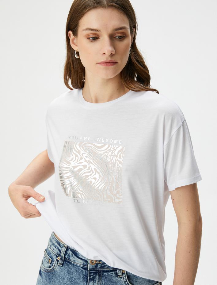  Baskılı Tişört Kısa Kollu Bisiklet Yaka Viskon Karışımlı Regular Fit