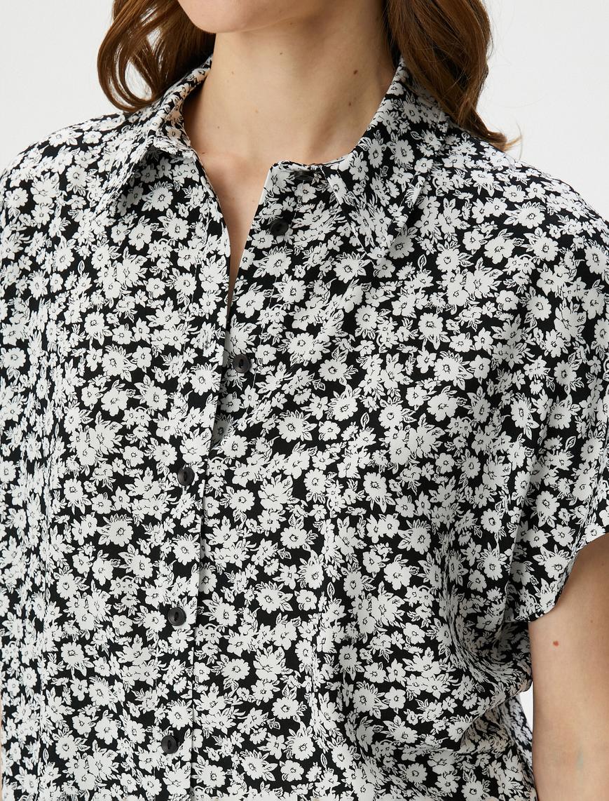   Çiçekli Gömlek Kısa Kollu Viskon Düğmeli Klasik Yaka