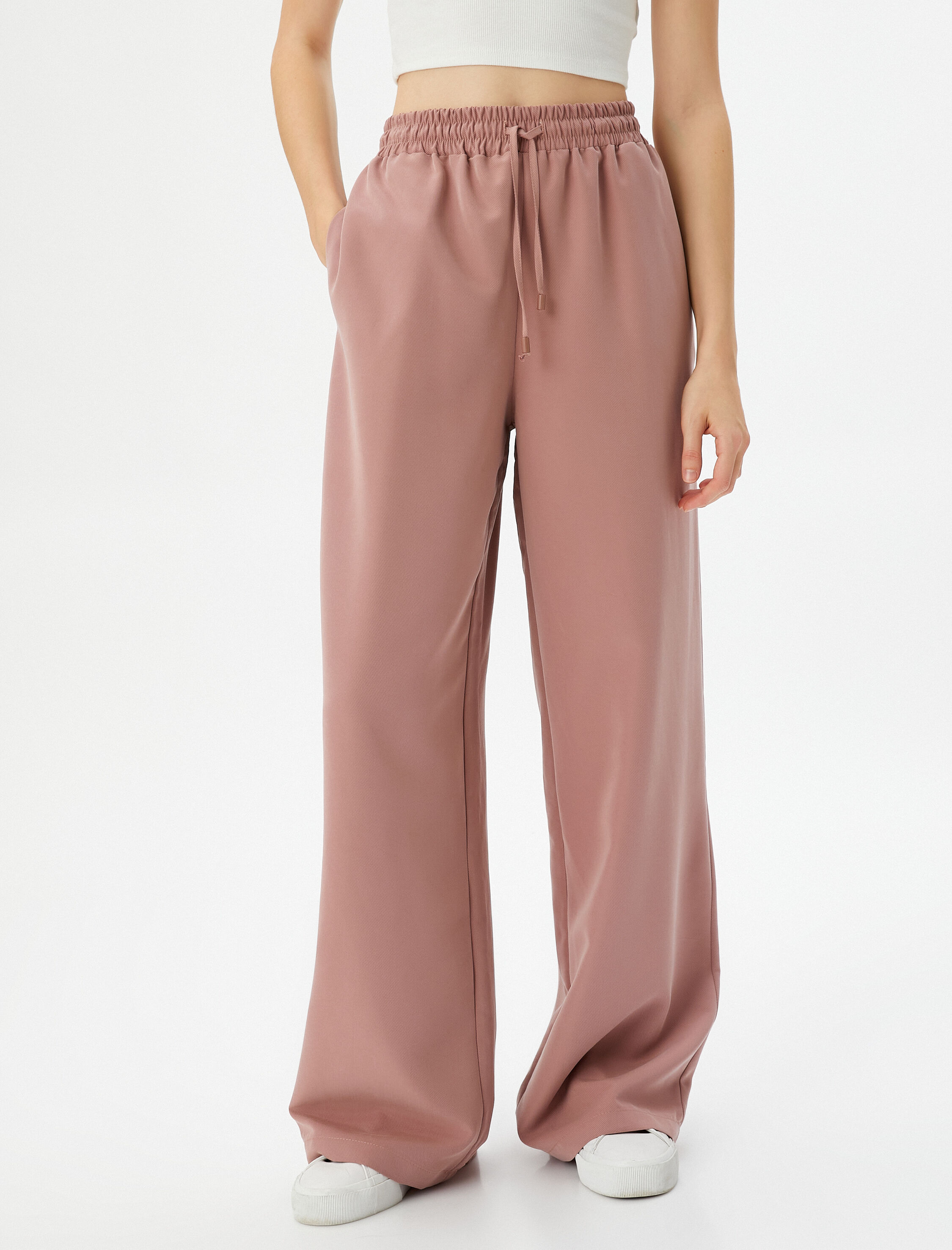   Bol Paça Pantolon Yüksek Bel Beli Bağcıklı Cepli Modal Karışımlı