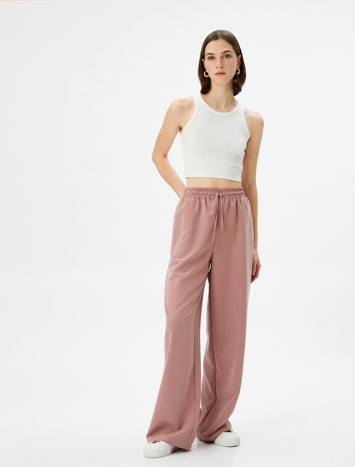  Bol Paça Pantolon Yüksek Bel Beli Bağcıklı Cepli Modal Karışımlı