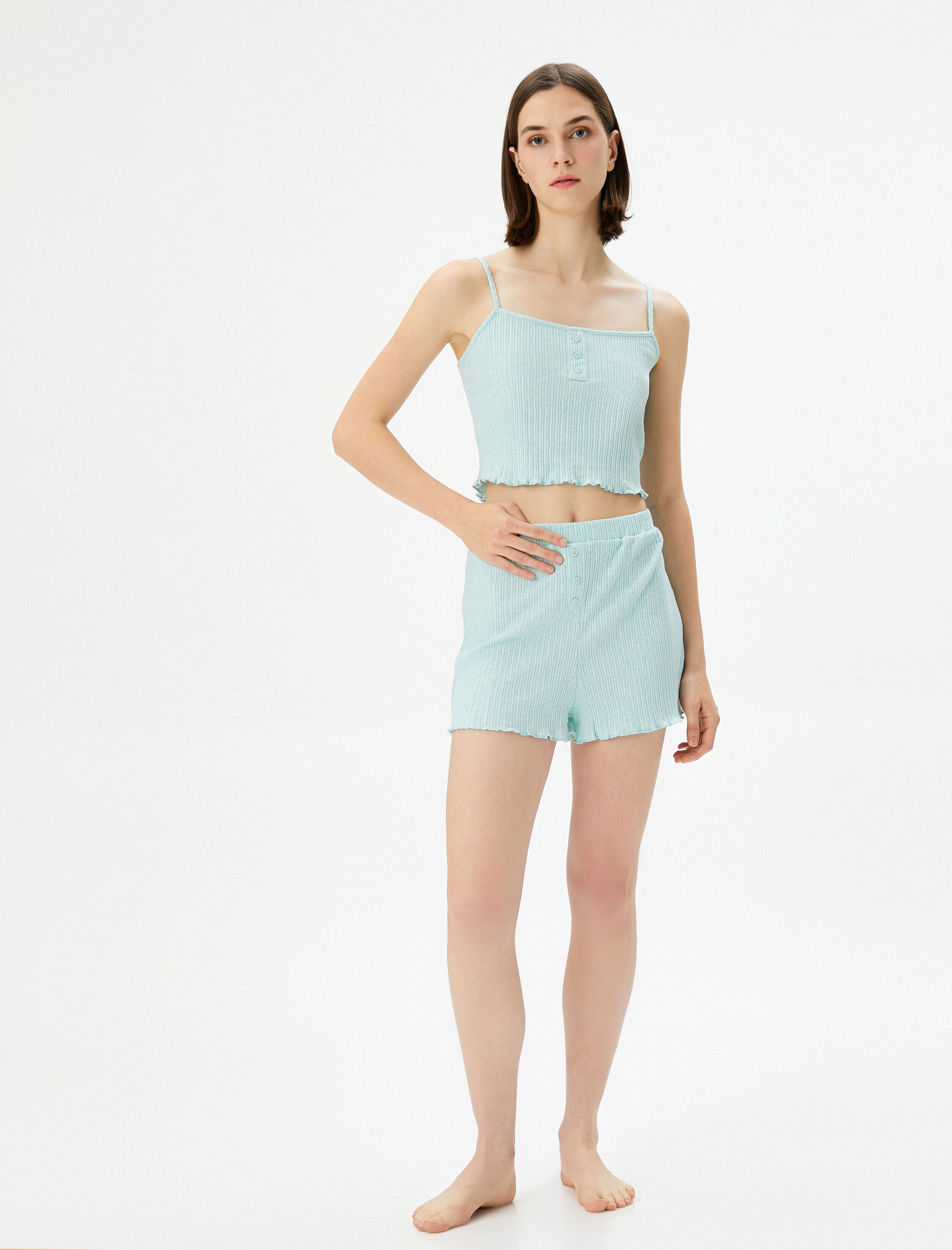   Crop Pijama Üstü Askılı Düğme Detaylı Fitilli