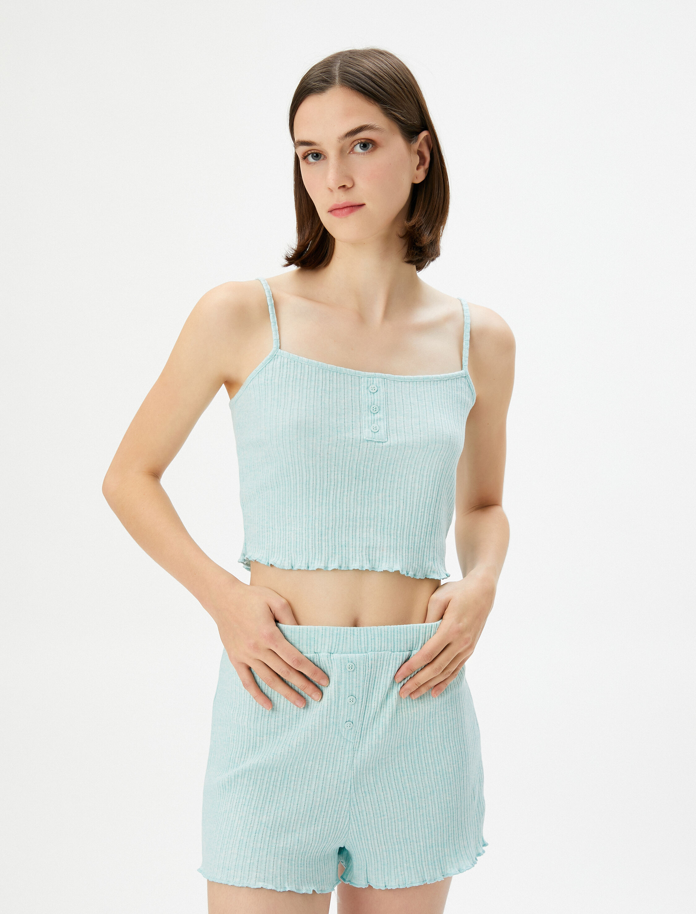   Crop Pijama Üstü Askılı Düğme Detaylı Fitilli