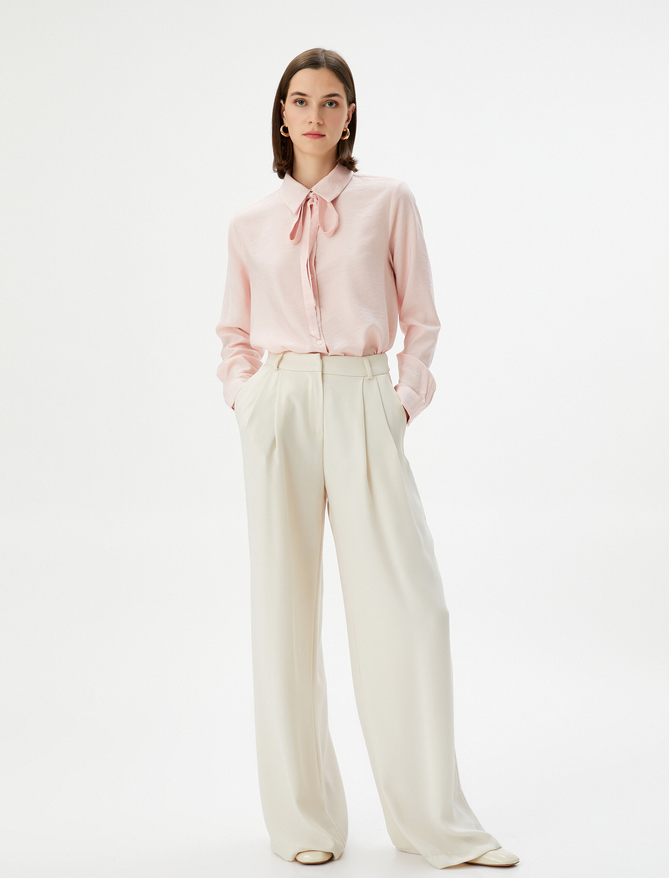   Uzun Kollu Gömlek Düğmeli Bağlamalı Yaka Viskon