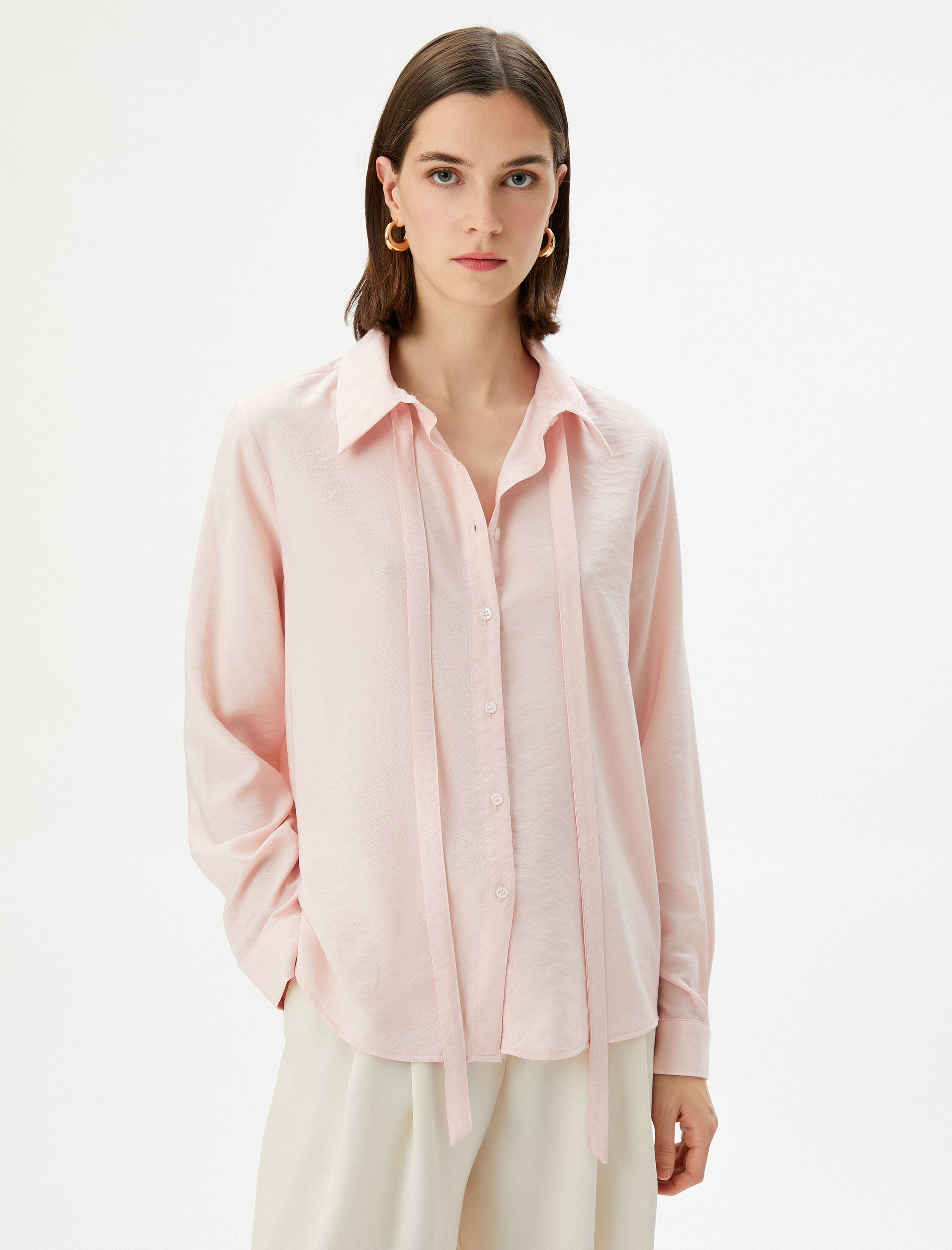   Uzun Kollu Gömlek Düğmeli Bağlamalı Yaka Viskon