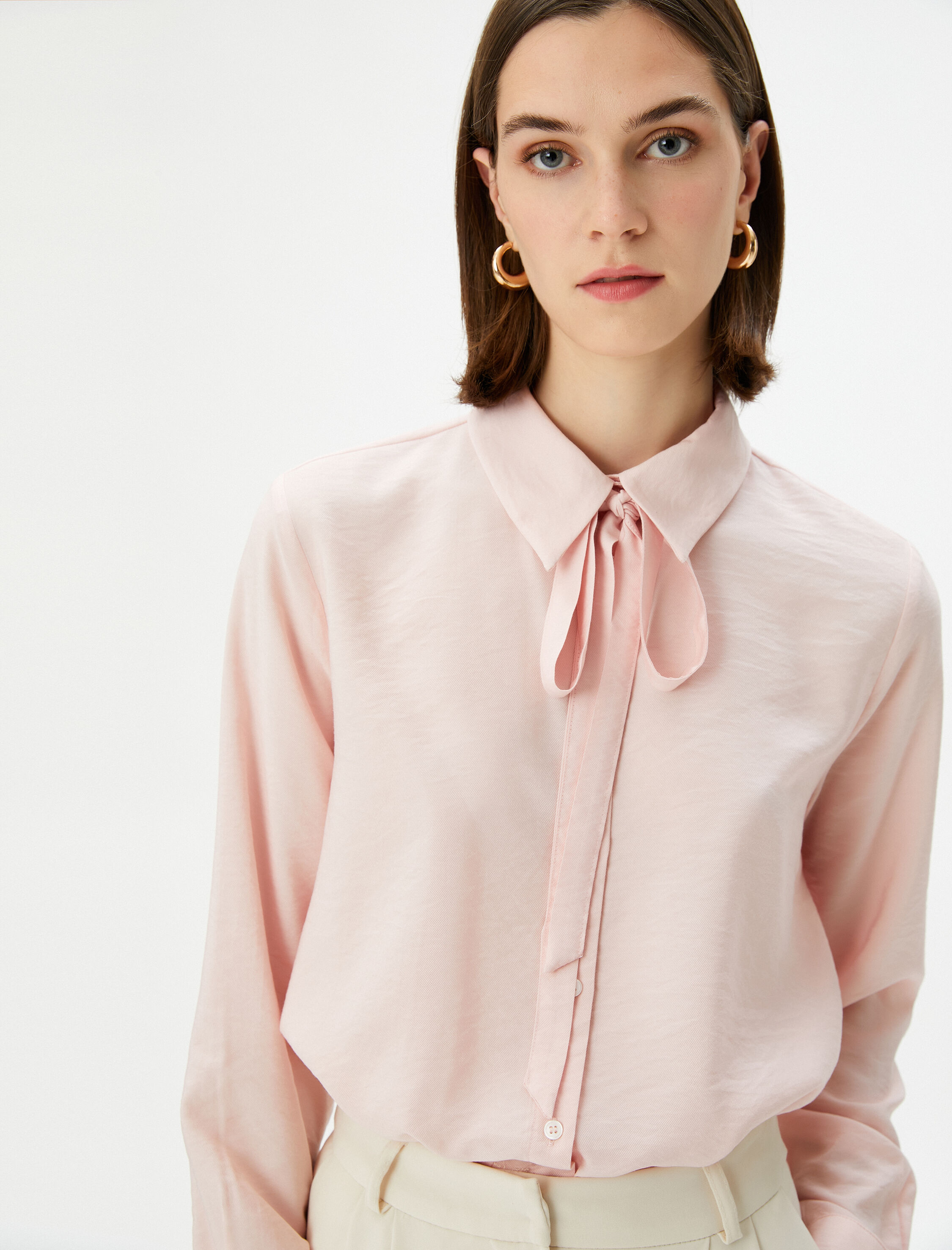   Uzun Kollu Gömlek Düğmeli Bağlamalı Yaka Viskon