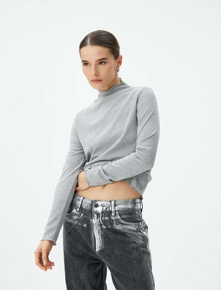  Uzun Kollu Tişört Metalik Dik Yaka Slim Fit