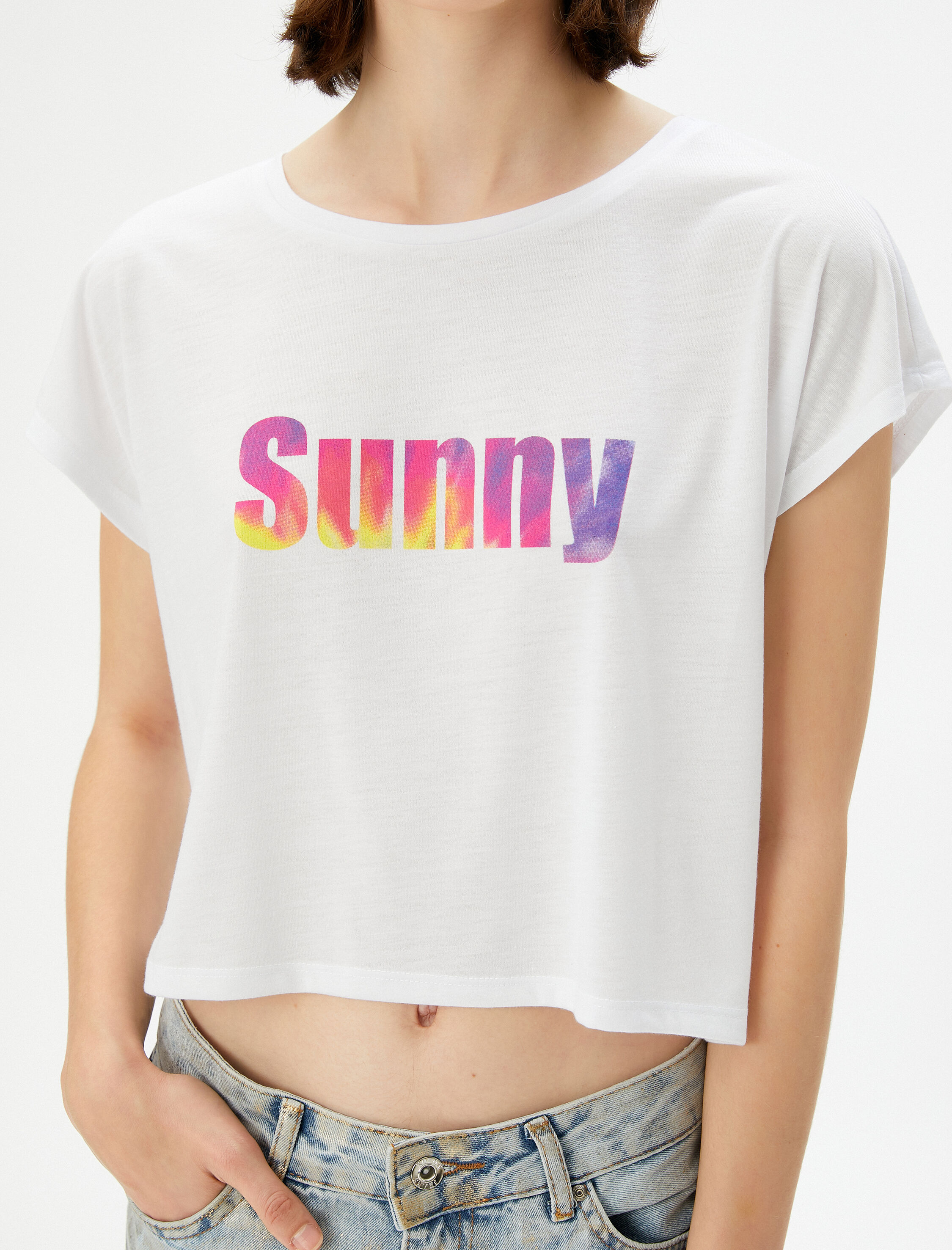   Baskılı Crop Tişört Bisiklet Yaka Kısa Kollu