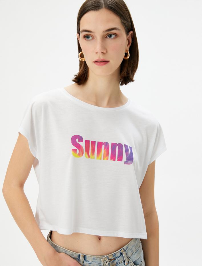  Baskılı Crop Tişört Bisiklet Yaka Kısa Kollu