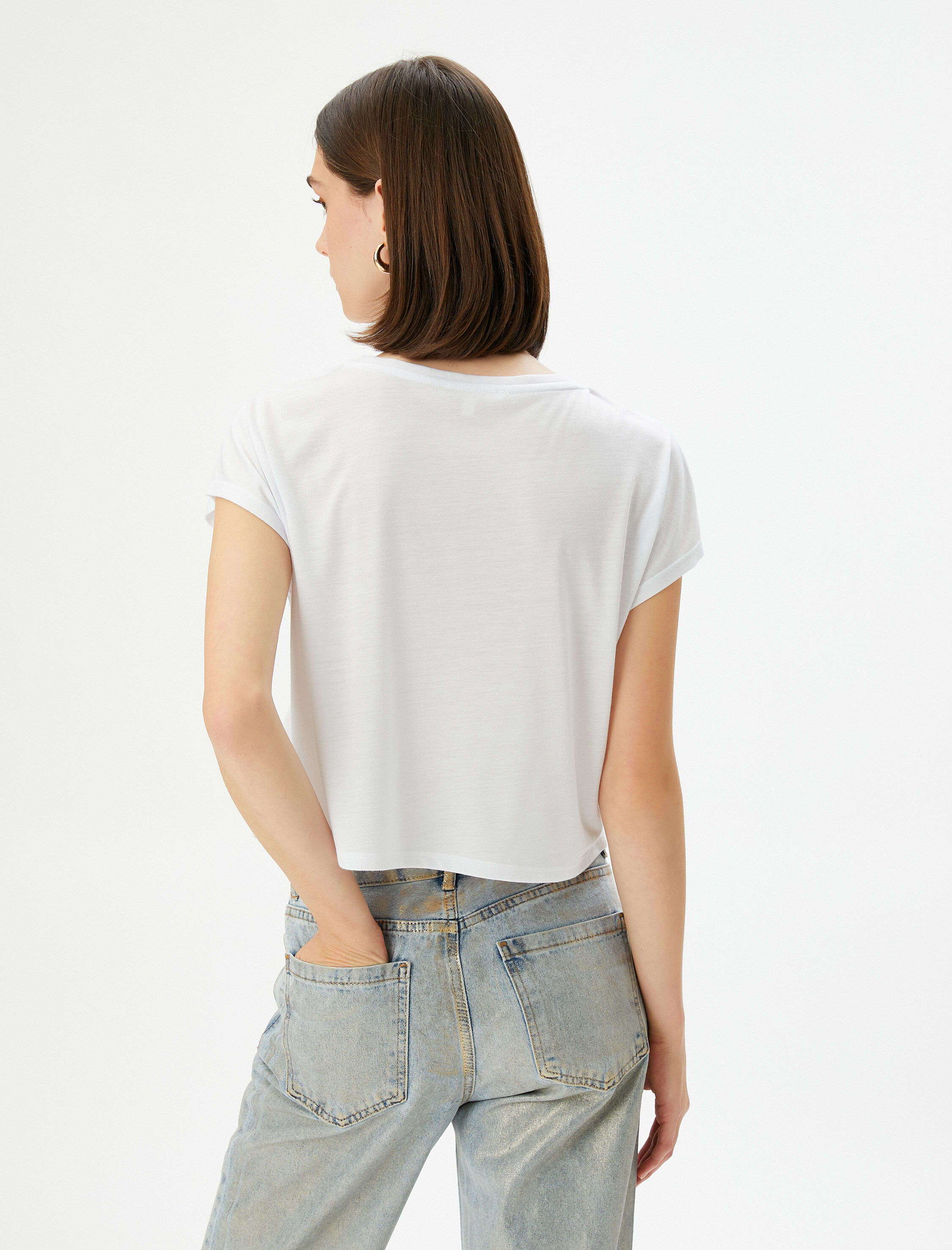   Baskılı Crop Tişört Bisiklet Yaka Kısa Kollu