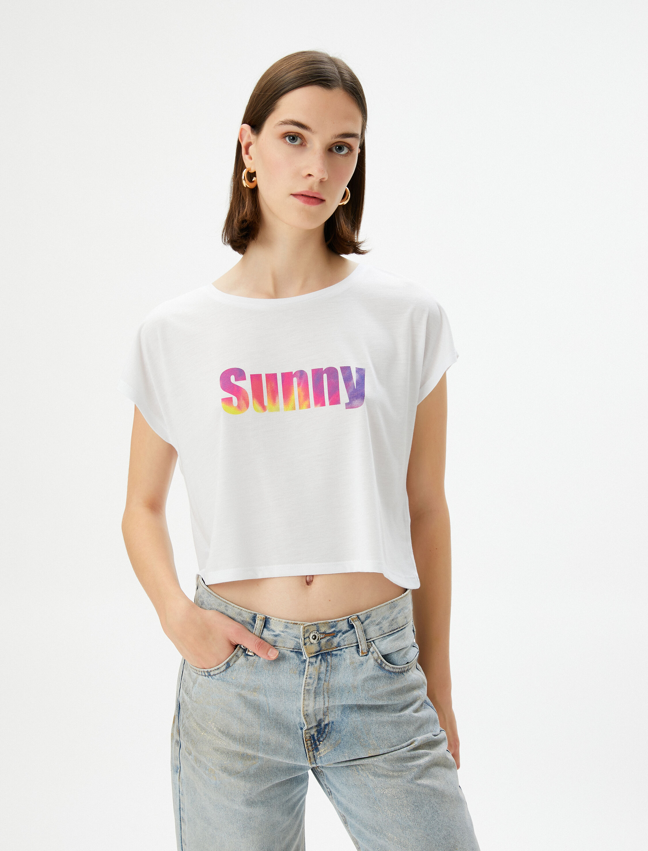   Baskılı Crop Tişört Bisiklet Yaka Kısa Kollu