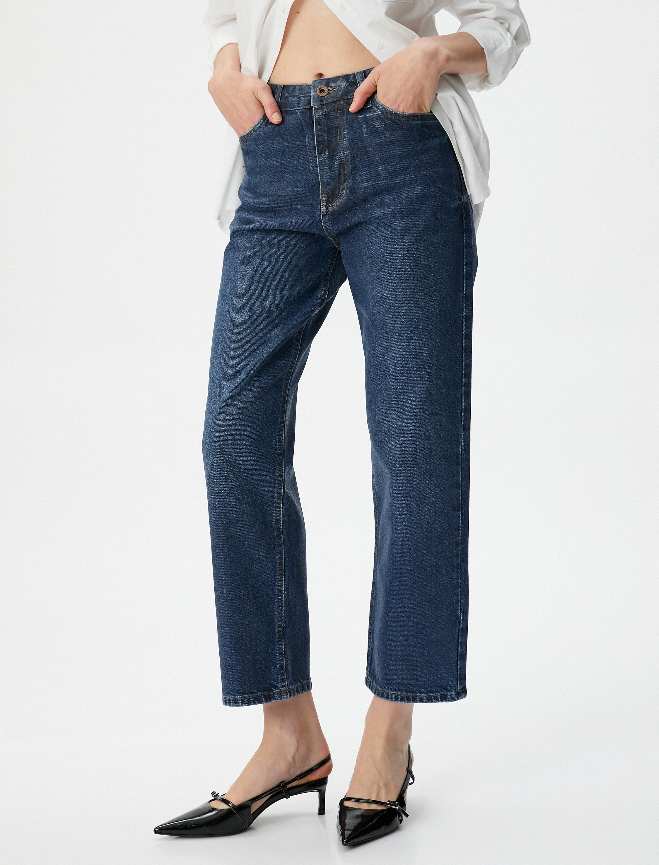   Straight Jean Kot Pantolon Düz Paça Esnemeyen Pamuklu Cepli - Eve Jean