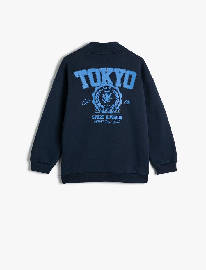 Erkek Çocuk Sweatshirt Dik Yaka Yarım Fermuarlı Baskı Detaylı Şardonlu