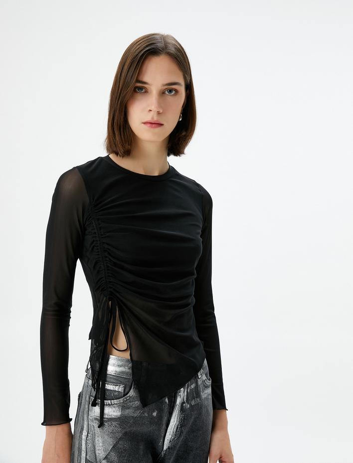  Tül Tişört Asimetrik Kesim Drape Detaylı Uzun Kollu Bisiklet Yaka