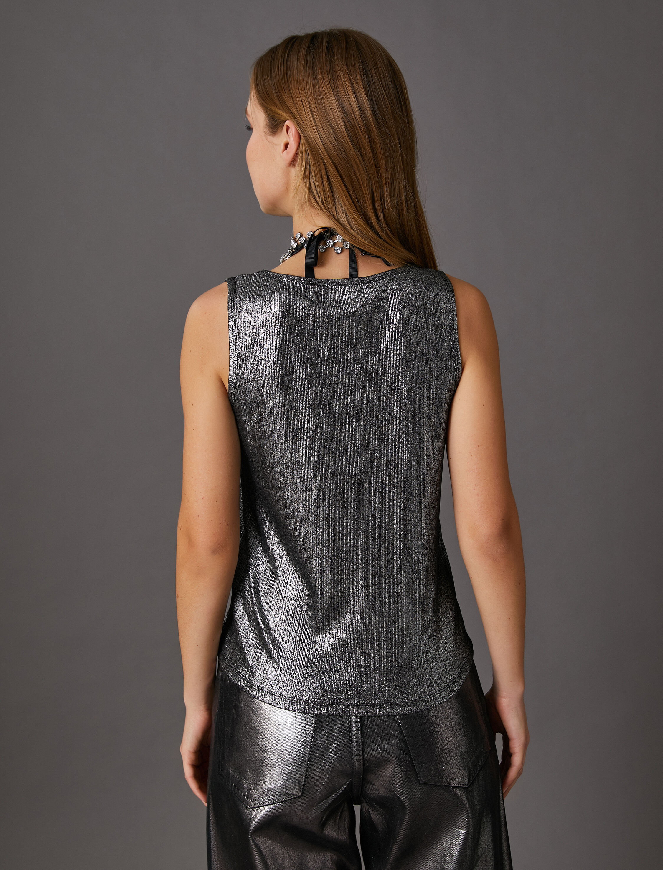   Metalik Atlet Parlak Kolsuz Halter Yaka