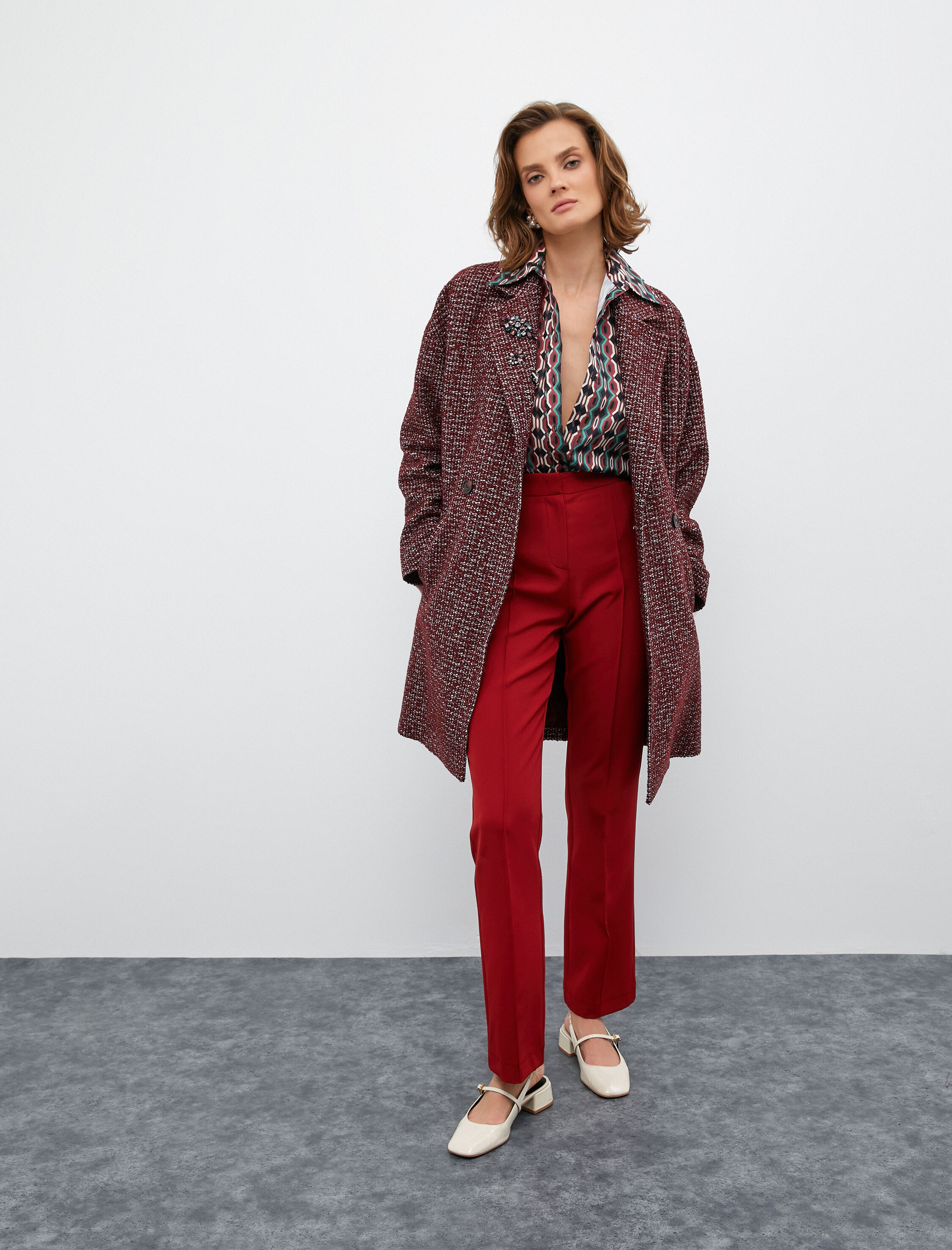   Melis Ağazat X Koton - Yüksek Bel Nervürlü Kumaş Pantolon