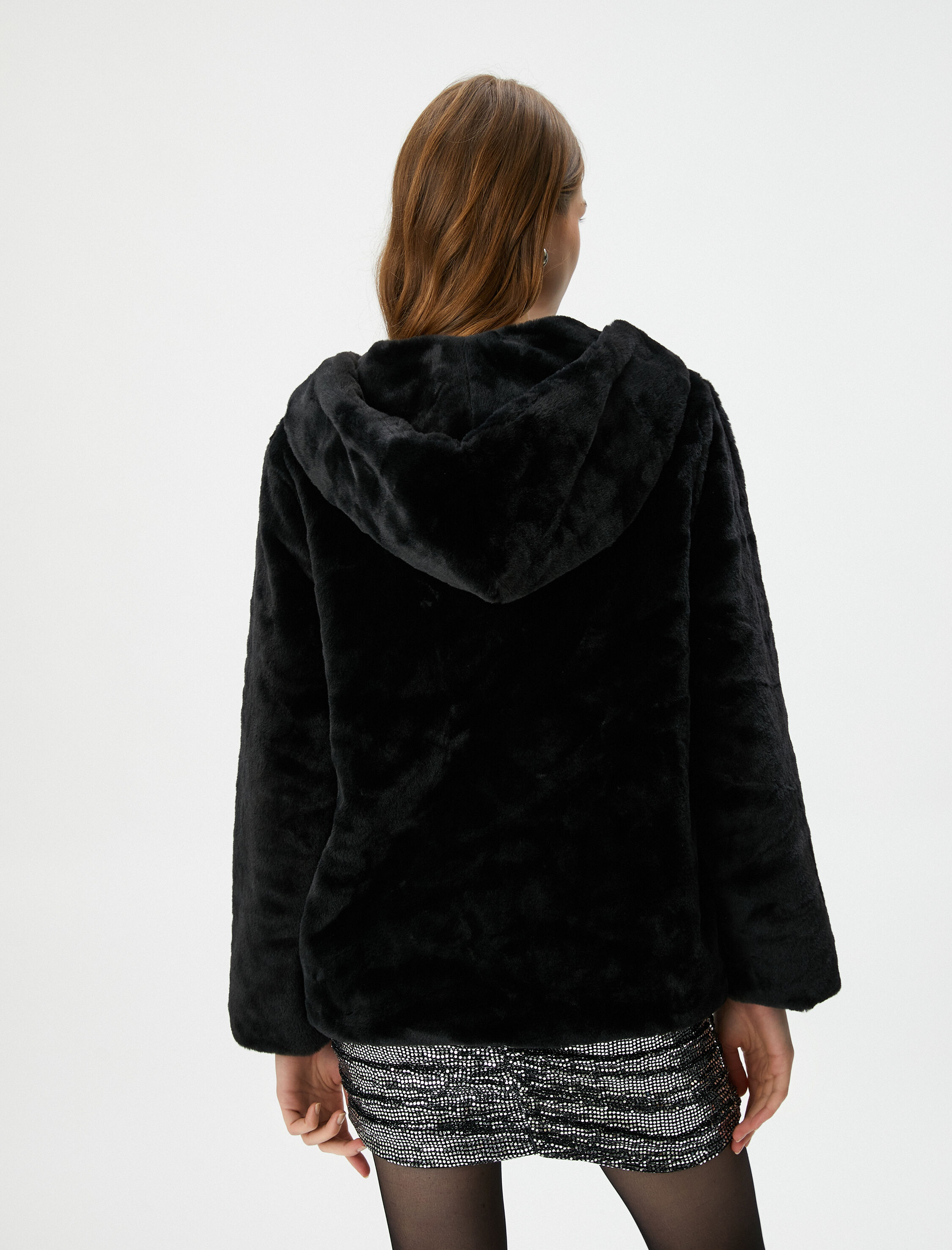   Peluş Mont Kapüşonlu Cep Detaylı Kopçalı