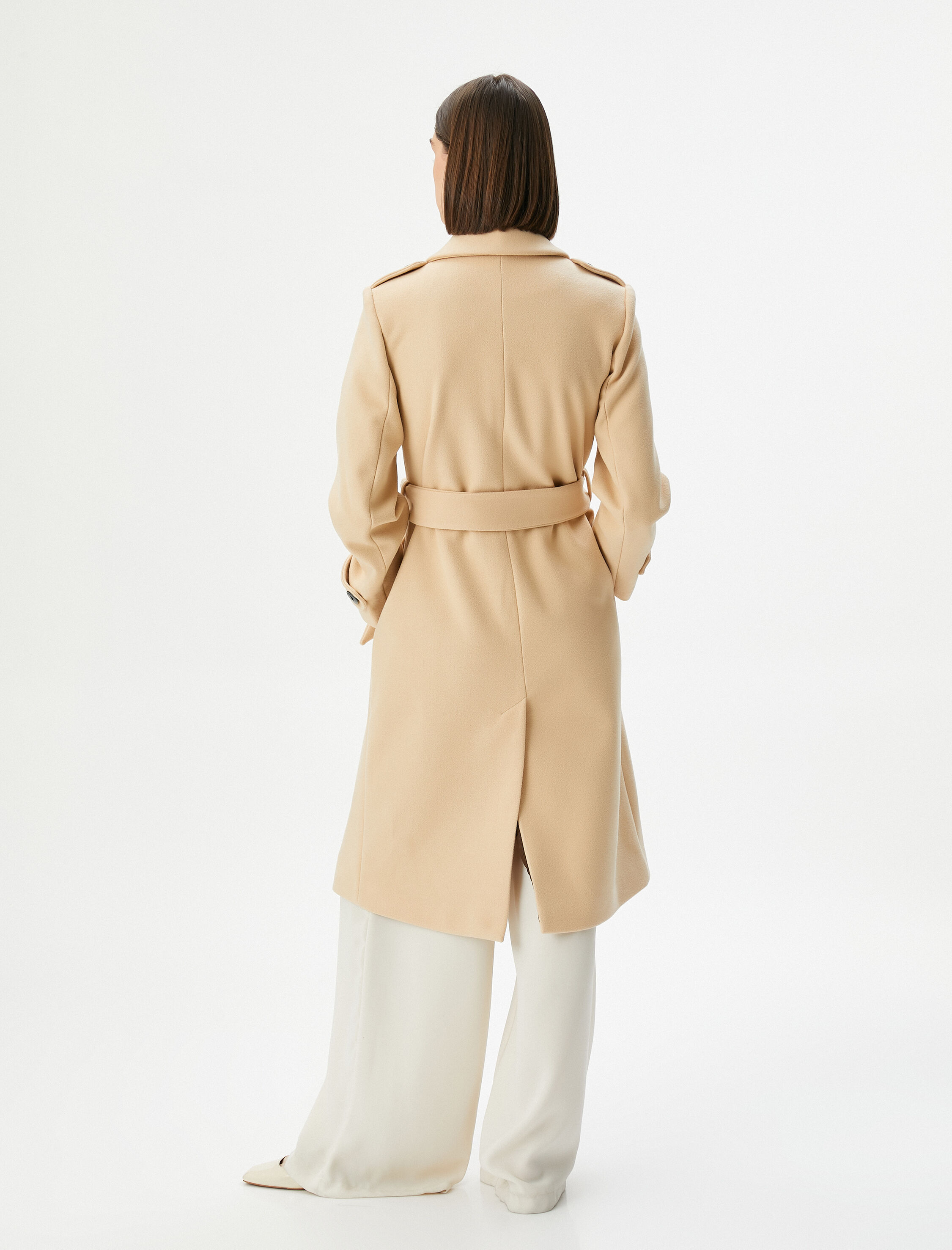   Uzun Kaşe Kaban Kruvaze Düğmeli Cep Detaylı Beli Kuşaklı