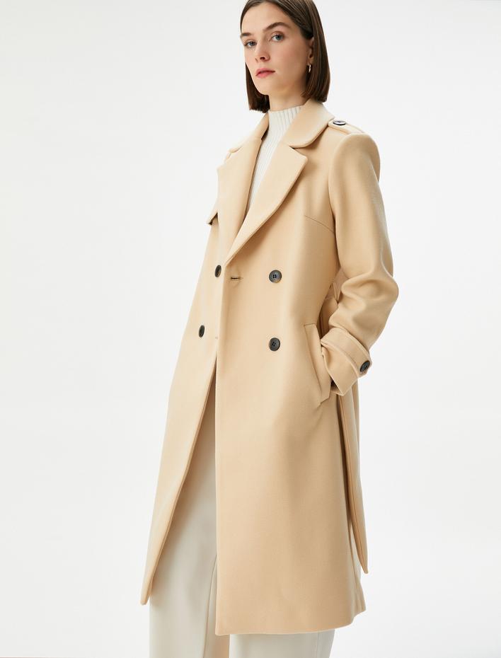  Uzun Kaşe Kaban Kruvaze Düğmeli Cep Detaylı Beli Kuşaklı