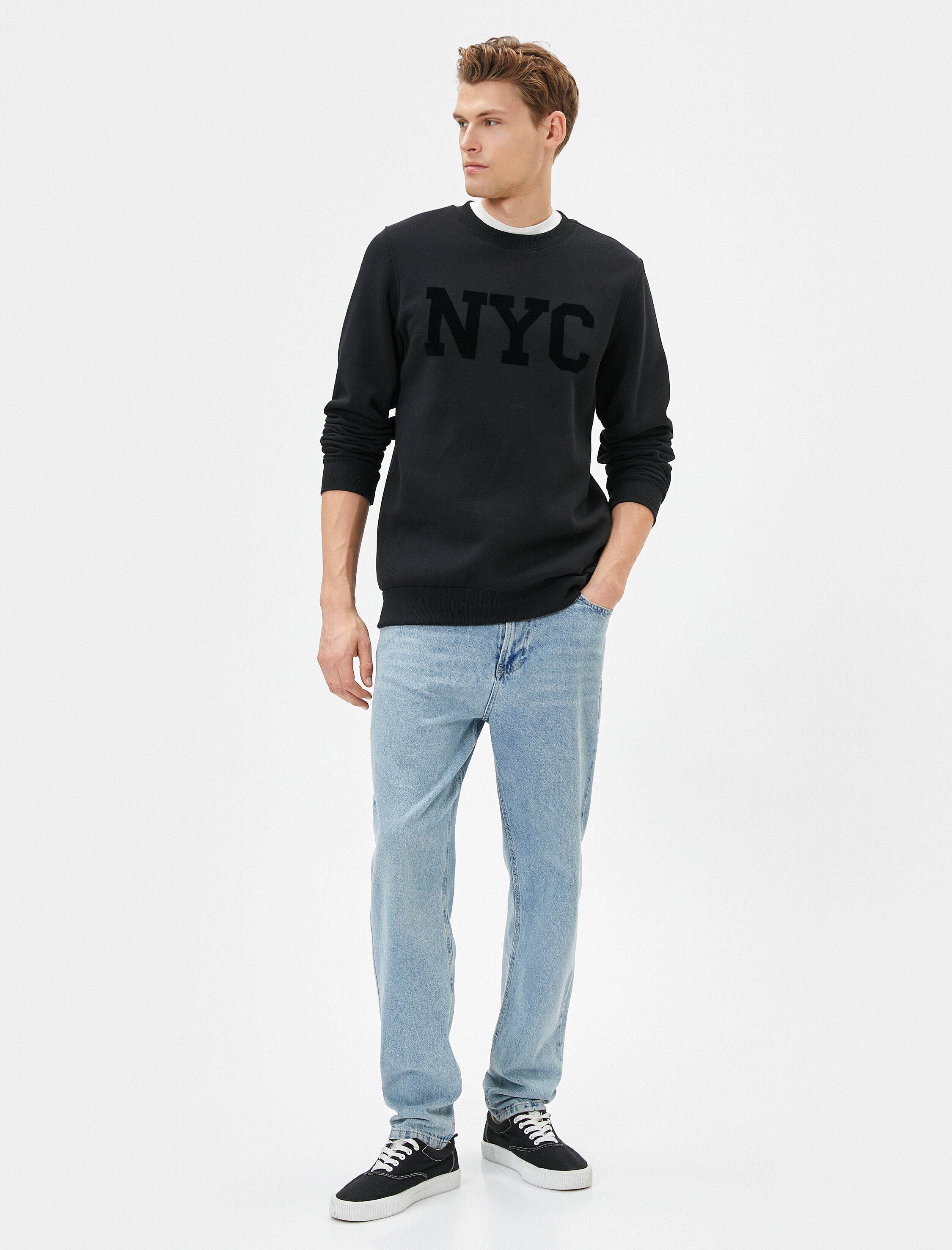   Bisiklet Yaka Sweatshirt Slogan Baskılı Uzun Kollu