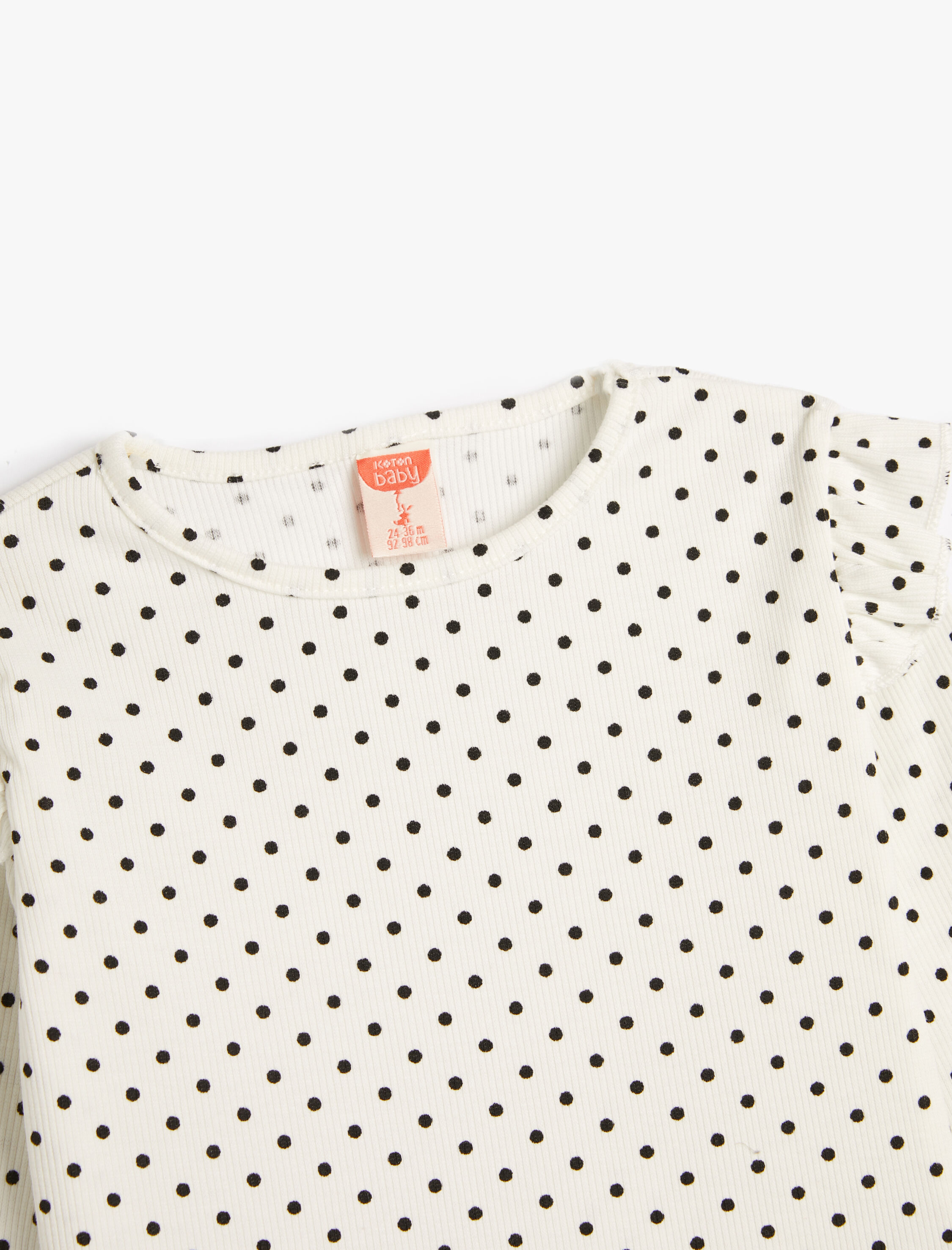  Kız Bebek Puantiyeli Tişört Uzun Kollu Fırfır Detaylı Bisiklet Yaka Pamuklu