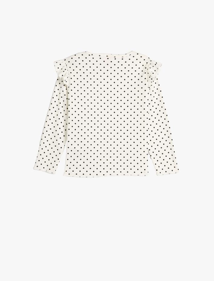 Kız Bebek Puantiyeli Tişört Uzun Kollu Fırfır Detaylı Bisiklet Yaka Pamuklu