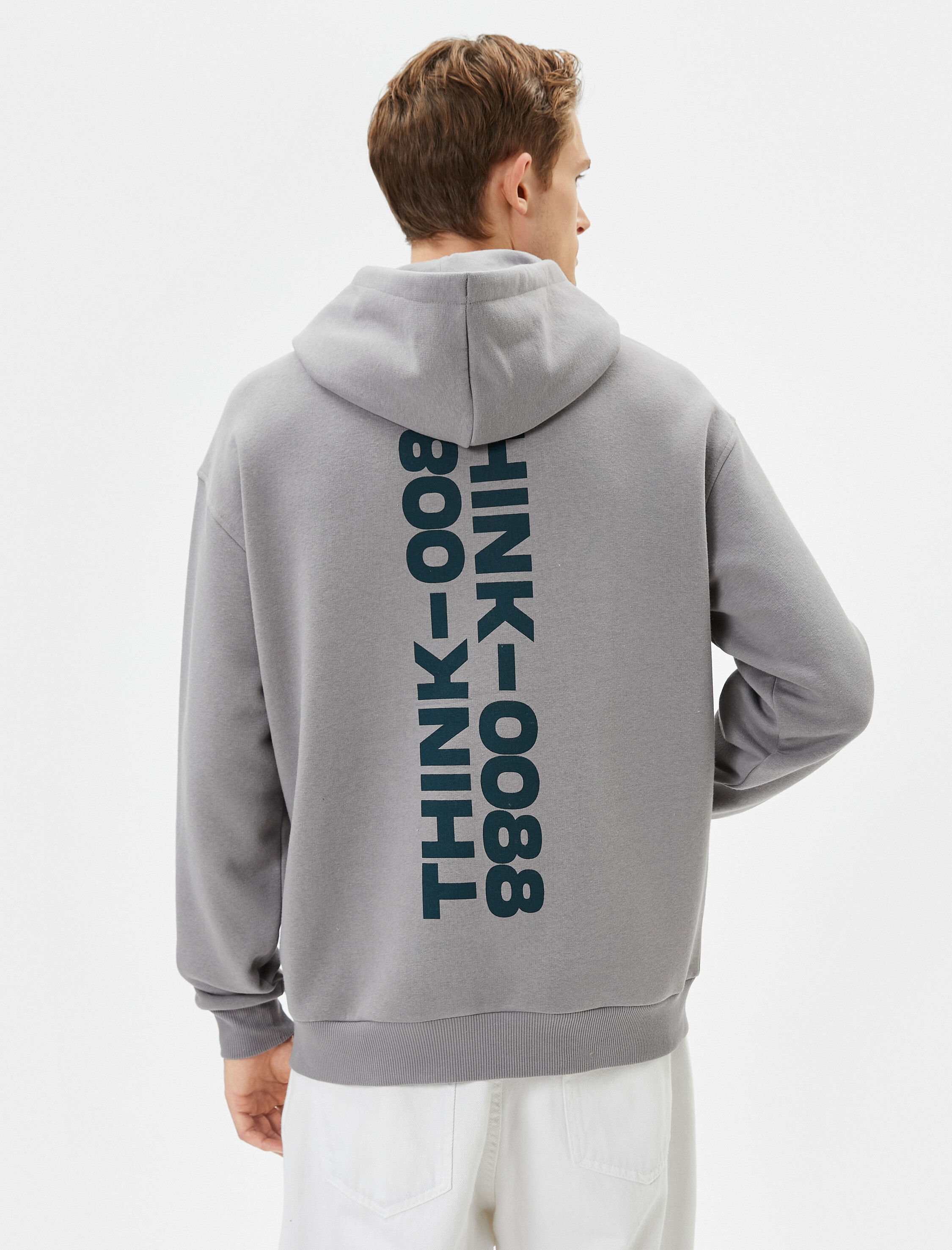   Oversize Hoodie Arkası Baskılı Kanguru Cep Detaylı Şardonlu