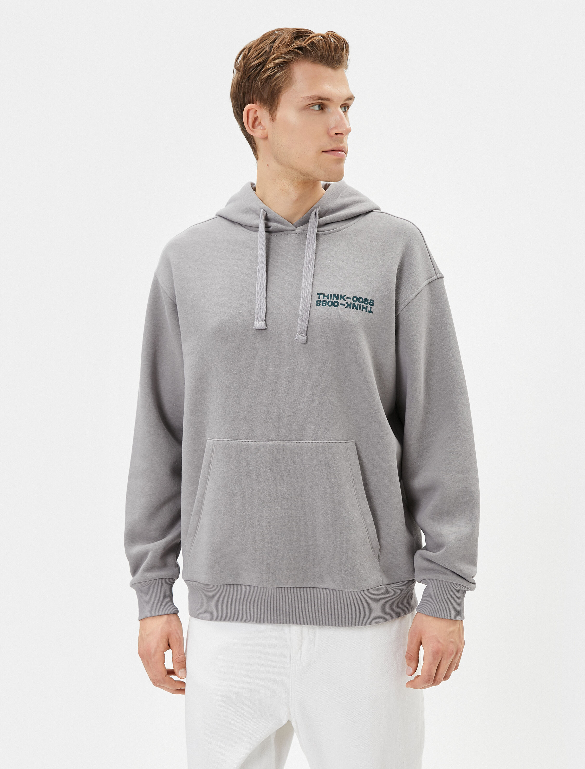   Oversize Hoodie Arkası Baskılı Kanguru Cep Detaylı Şardonlu