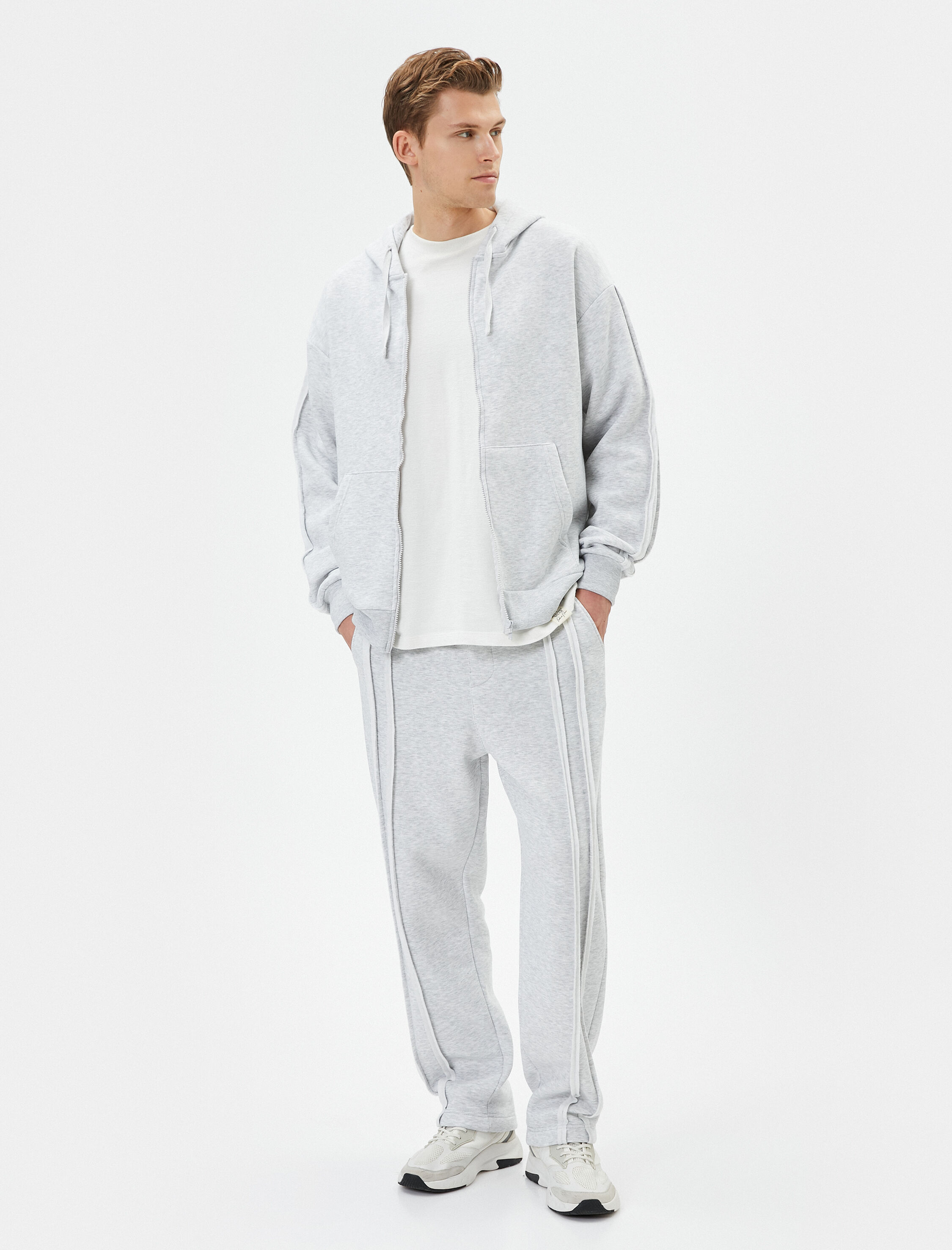   Kapşonlu Hırka Fermuarlı Dikiş Detaylı Cepli Şardonlu