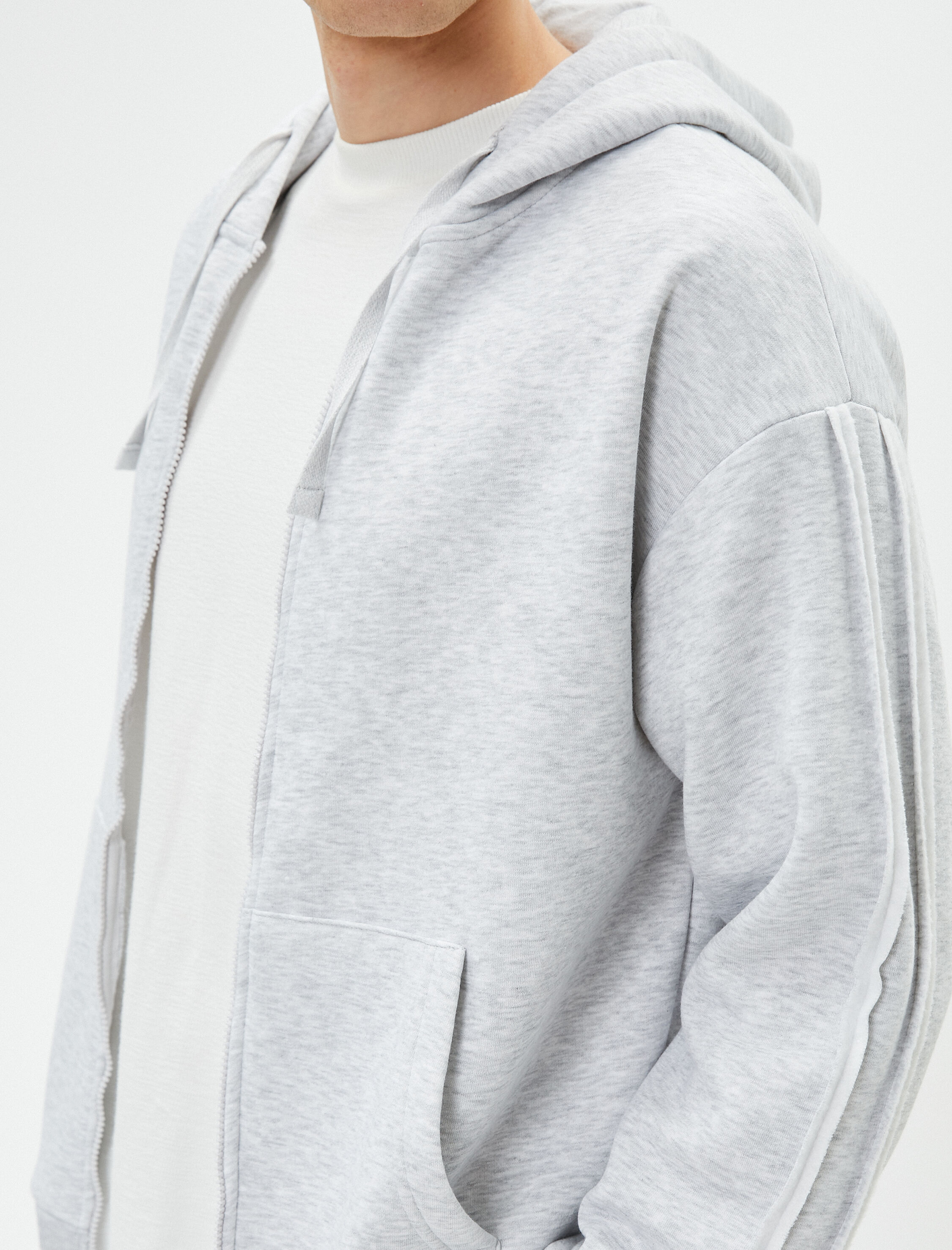   Kapşonlu Hırka Fermuarlı Dikiş Detaylı Cepli Şardonlu