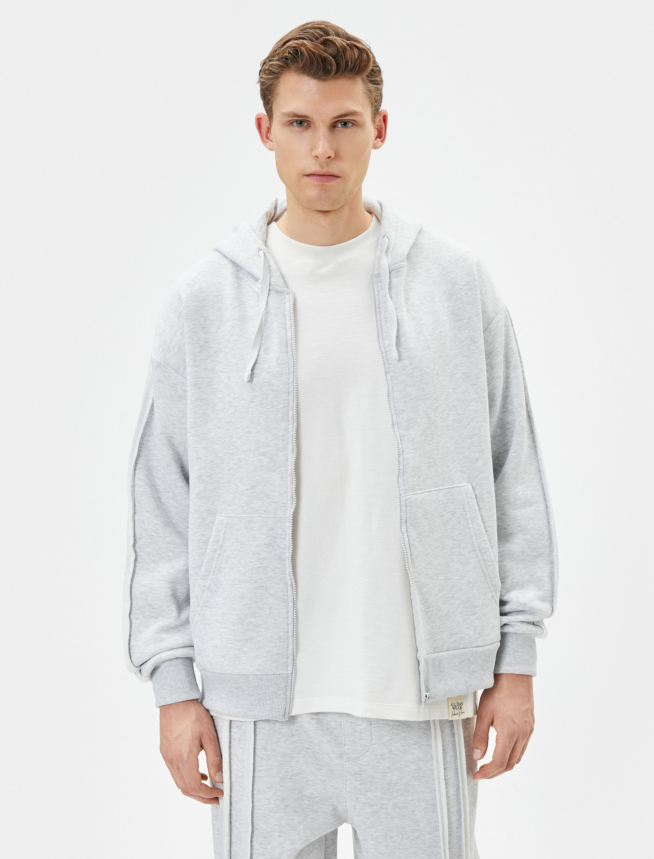   Kapşonlu Hırka Fermuarlı Dikiş Detaylı Cepli Şardonlu