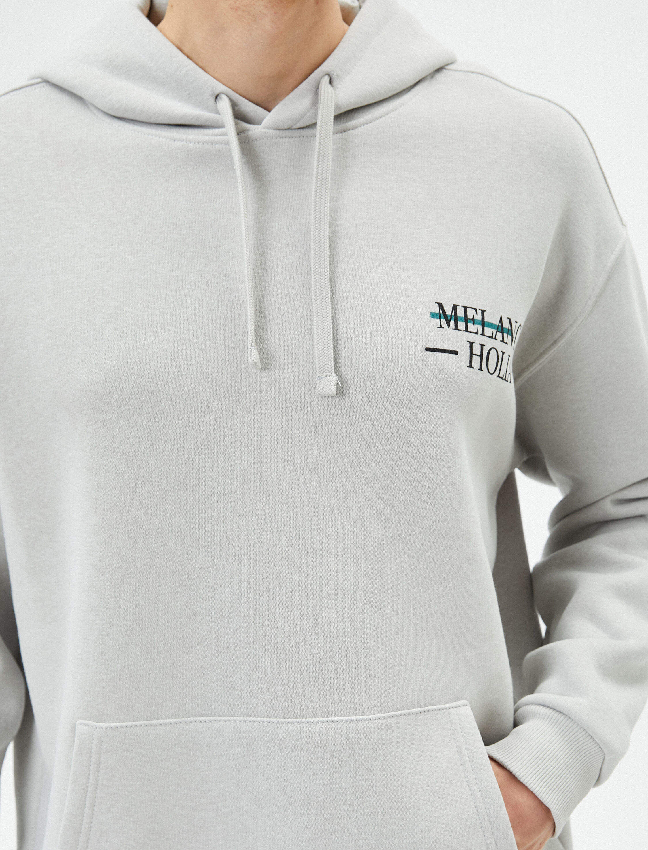   Oversize Hoodie Arkası Baskılı Kanguru Cep Detaylı Sloganlı Şardonlu