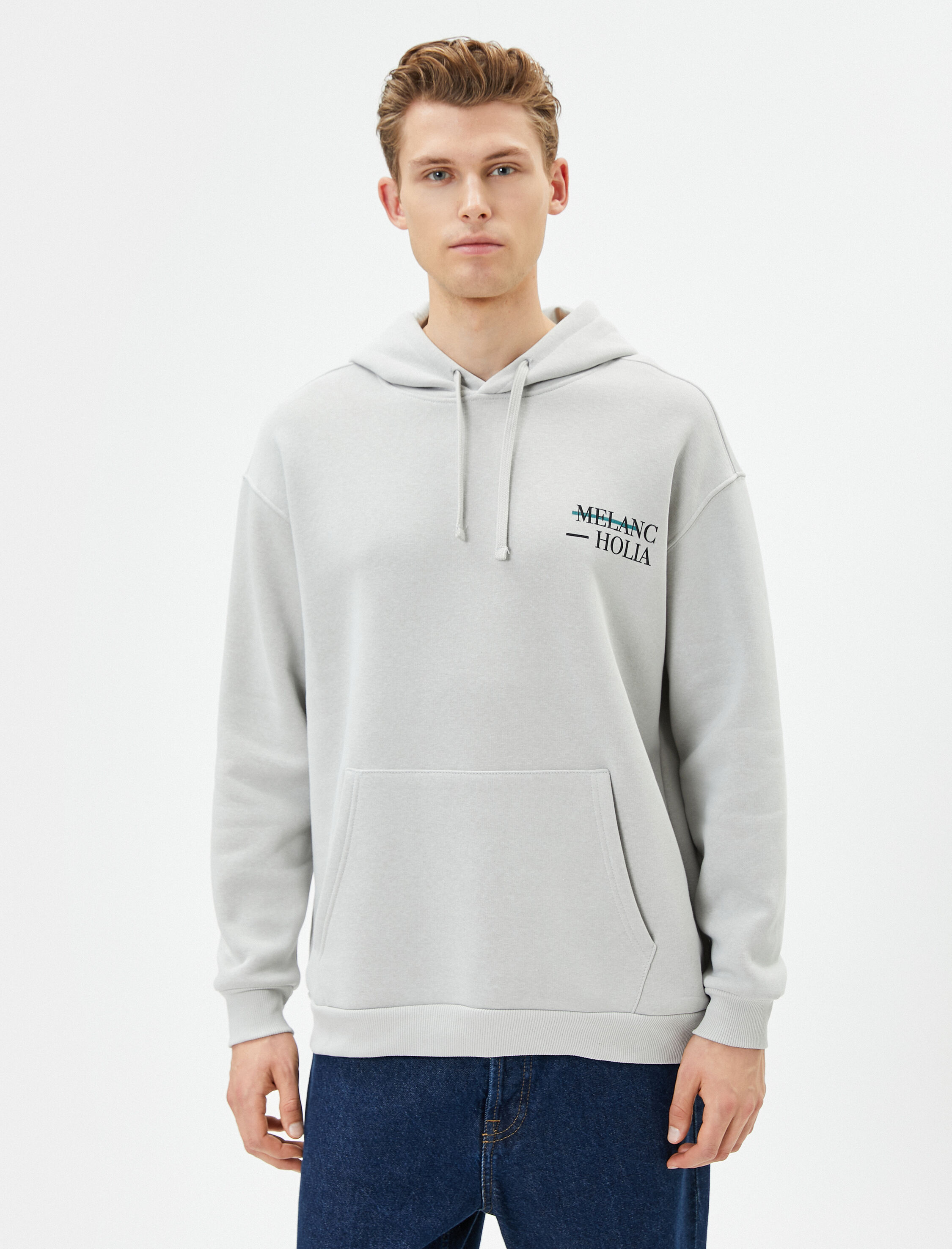   Oversize Hoodie Arkası Baskılı Kanguru Cep Detaylı Sloganlı Şardonlu