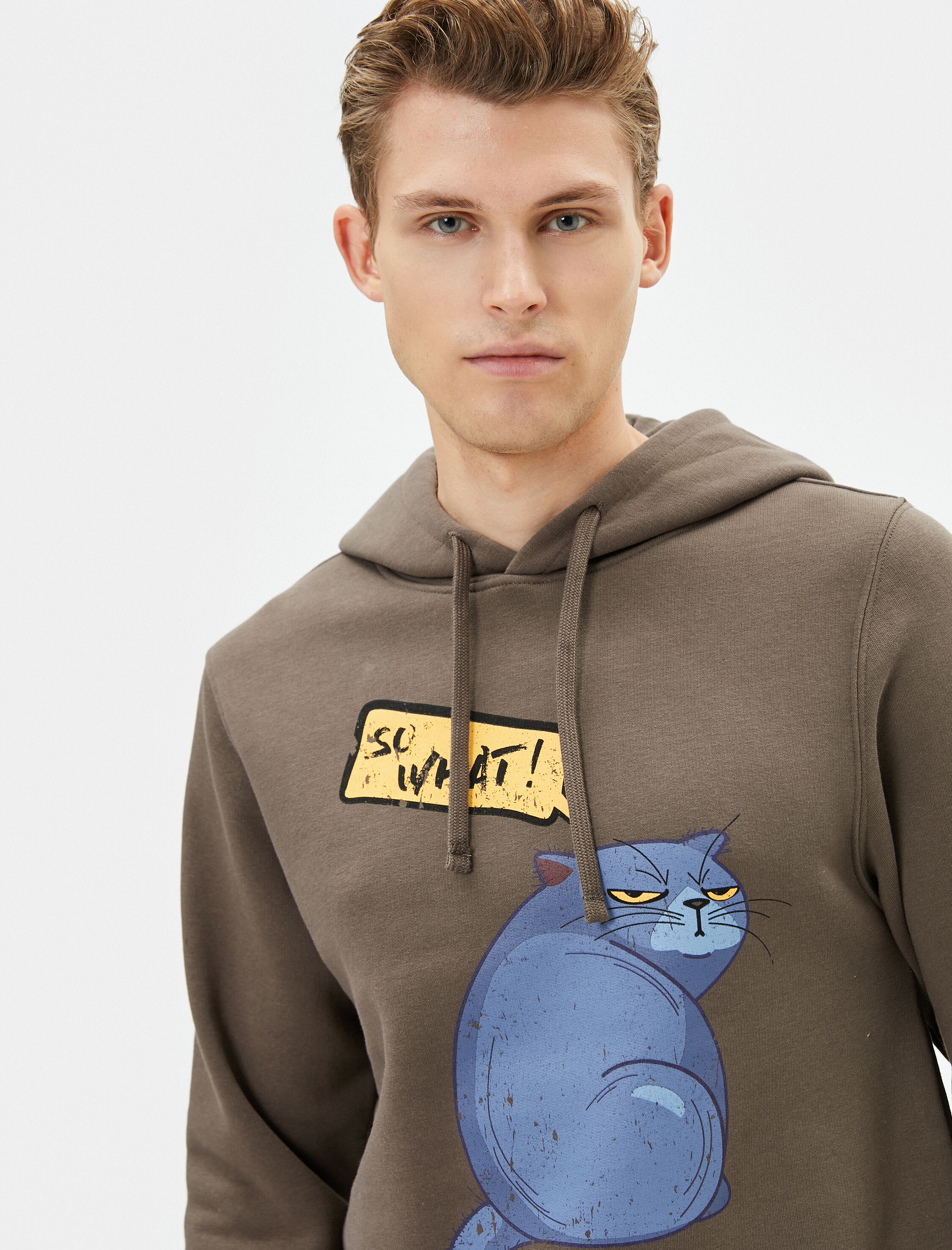 Koton Erkek Kapşonlu Sweat Kedi Baskılı Sloganlı Uzun Kollu