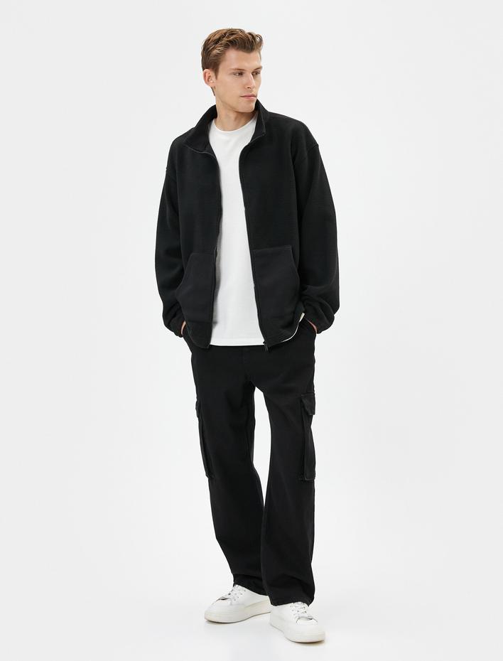  Peluş Ceket Kanguru Cepli Fermuarlı Dik Yaka