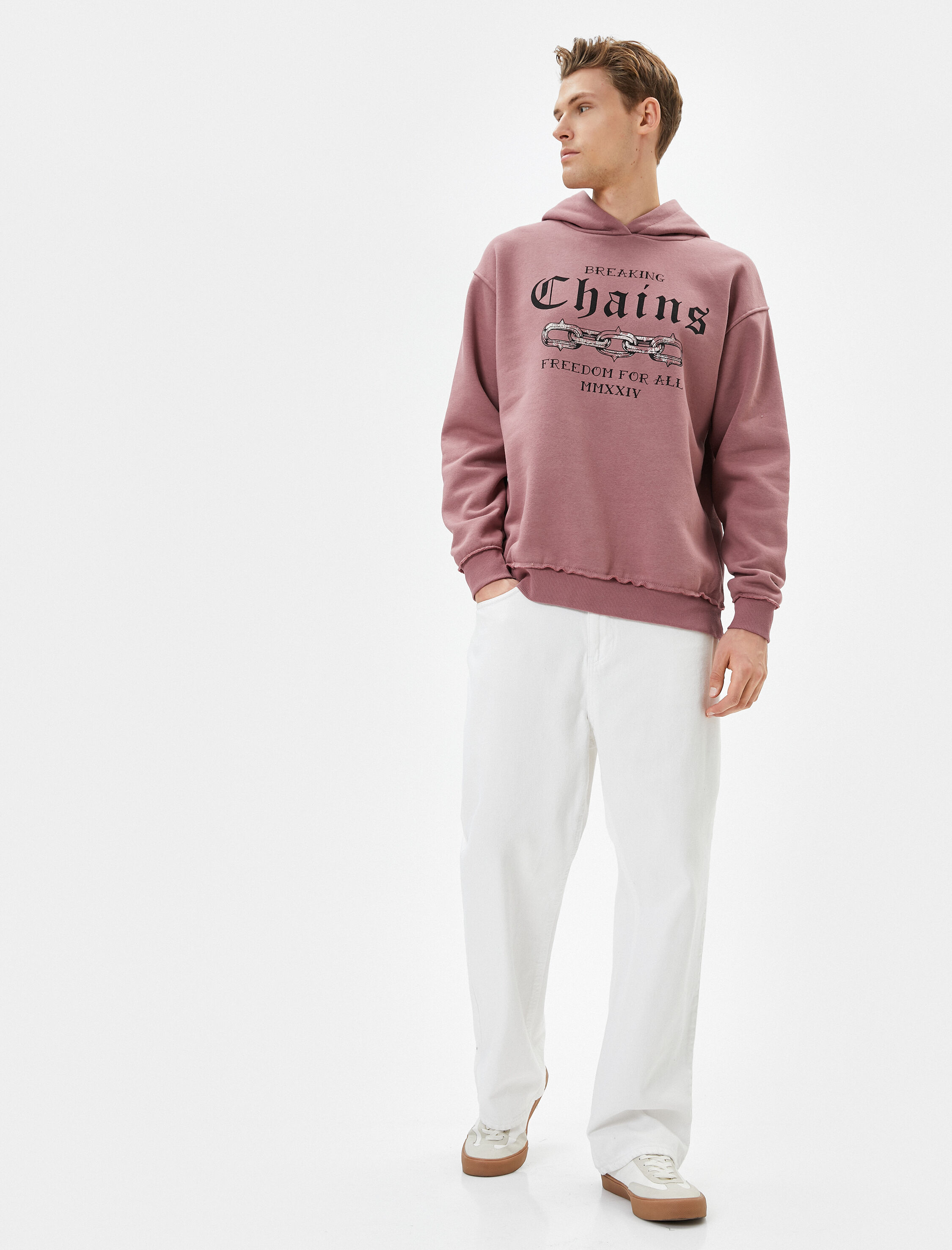   Kapşonlu Sweatshirt Slogan Baskılı Uzun Kollu Şardonlu