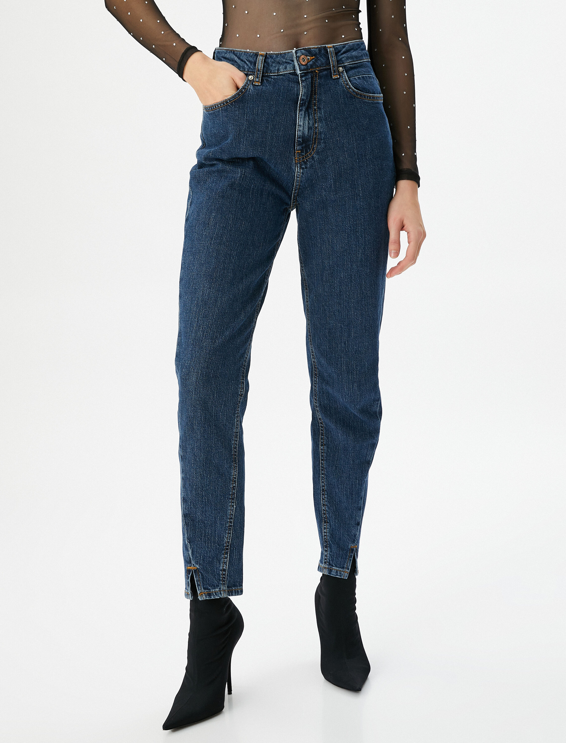   Straight Jean Kot Pantolon Yırtmaç Detaylı Pamuklu Cepli - Mom Jean