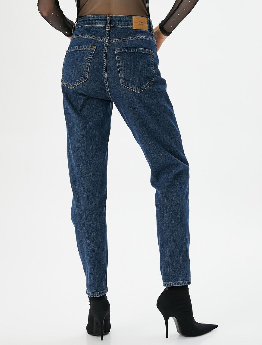   Straight Jean Kot Pantolon Yırtmaç Detaylı Pamuklu Cepli - Mom Jean