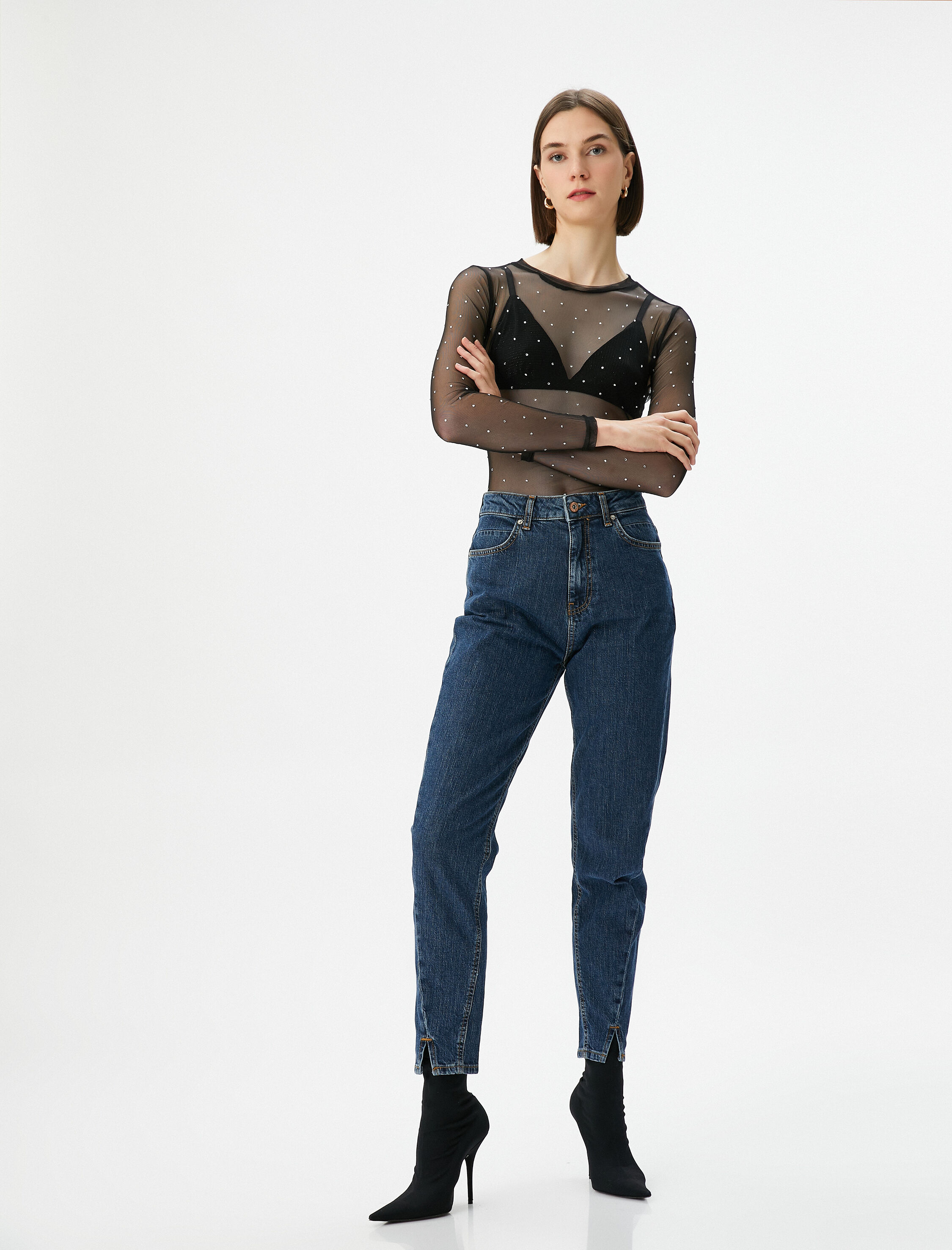   Straight Jean Kot Pantolon Yırtmaç Detaylı Pamuklu Cepli - Mom Jean