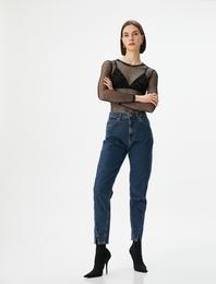Straight Jean Kot Pantolon Yırtmaç Detaylı Pamuklu Cepli - Mom Jean