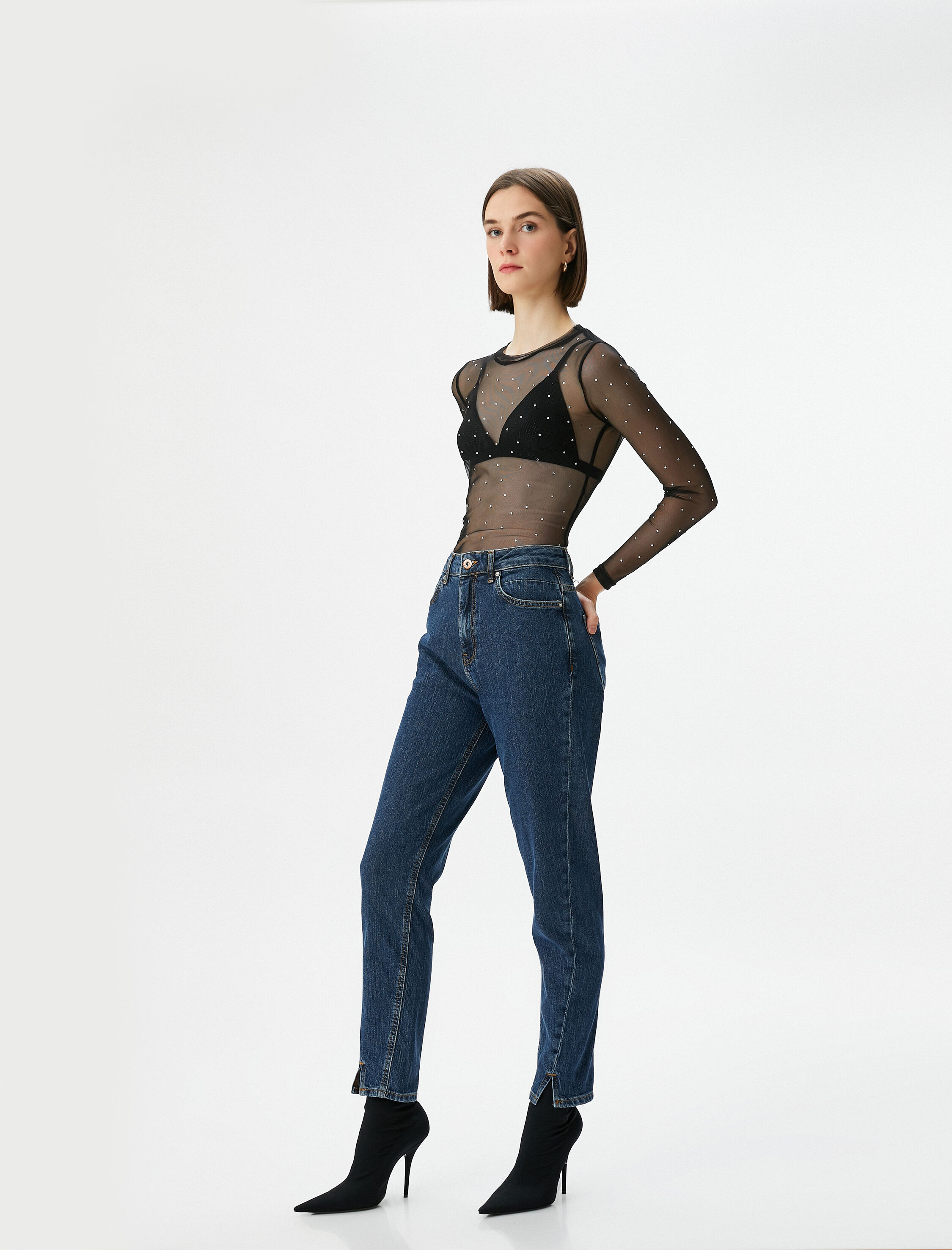   Straight Jean Kot Pantolon Yırtmaç Detaylı Pamuklu Cepli - Mom Jean