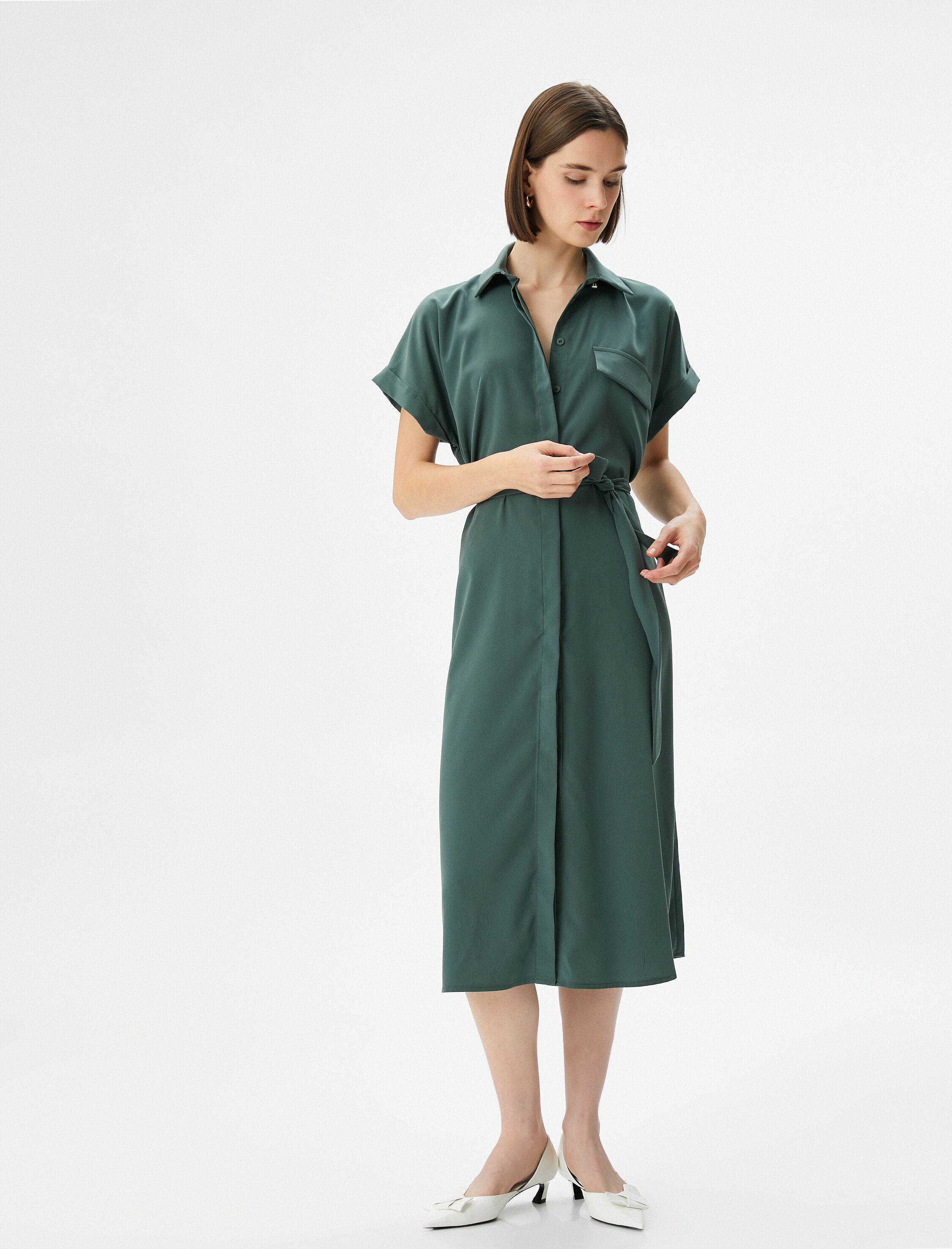   Midi Gömlek Elbise Beli Kuşaklı Kısa Kollu Düğmeli Cepli