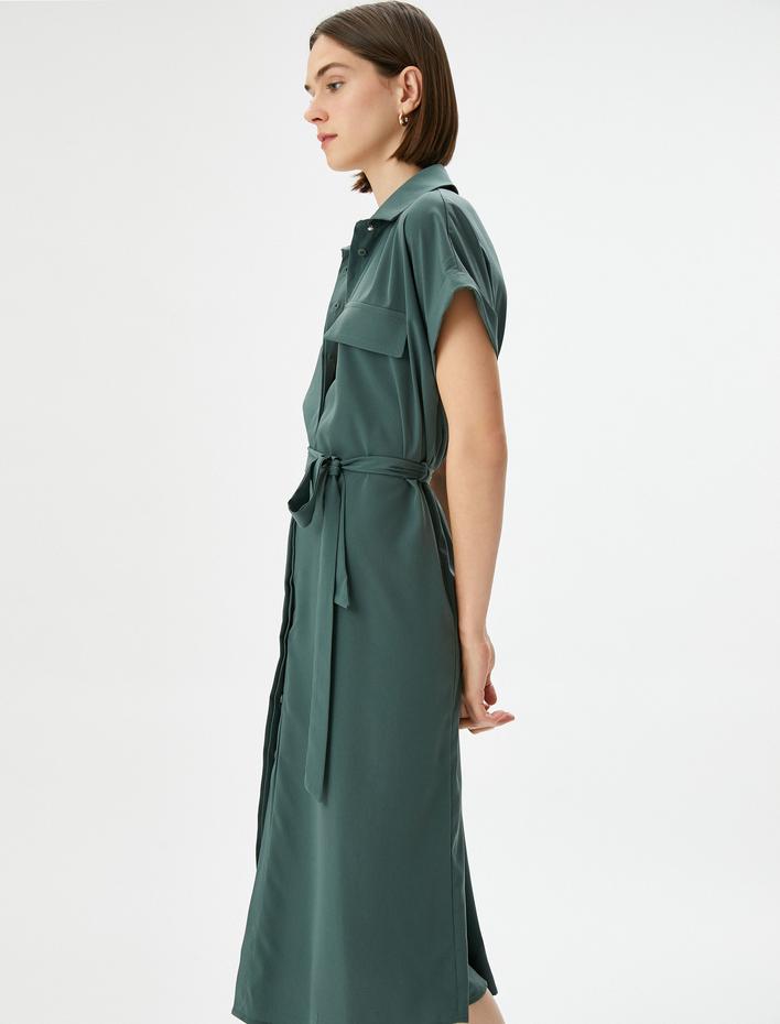  Midi Gömlek Elbise Beli Kuşaklı Kısa Kollu Düğmeli Cepli