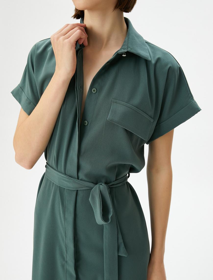   Midi Gömlek Elbise Beli Kuşaklı Kısa Kollu Düğmeli Cepli