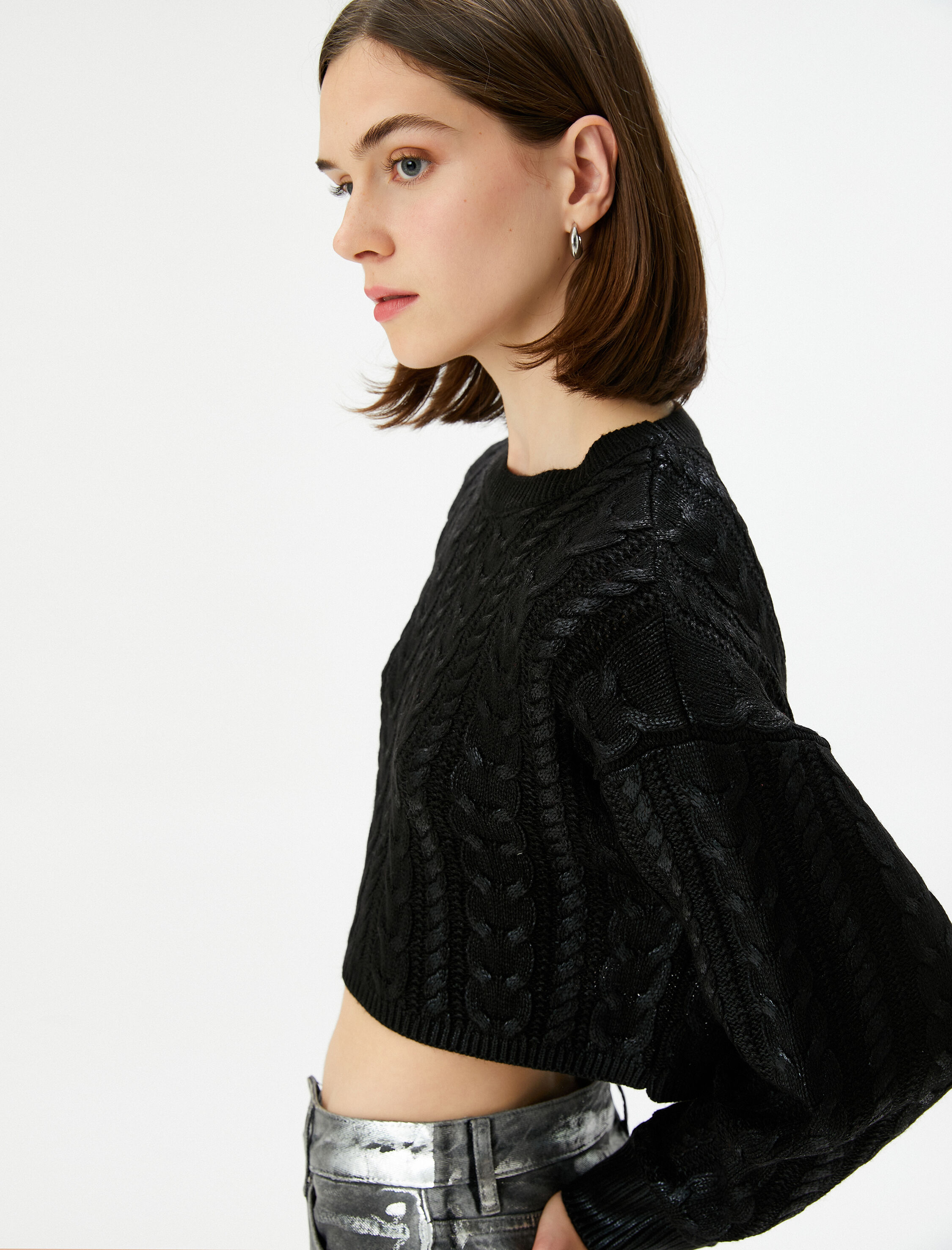   Crop Kazak Örgü Bisiklet Yaka Saç Örgüsü Dokulu