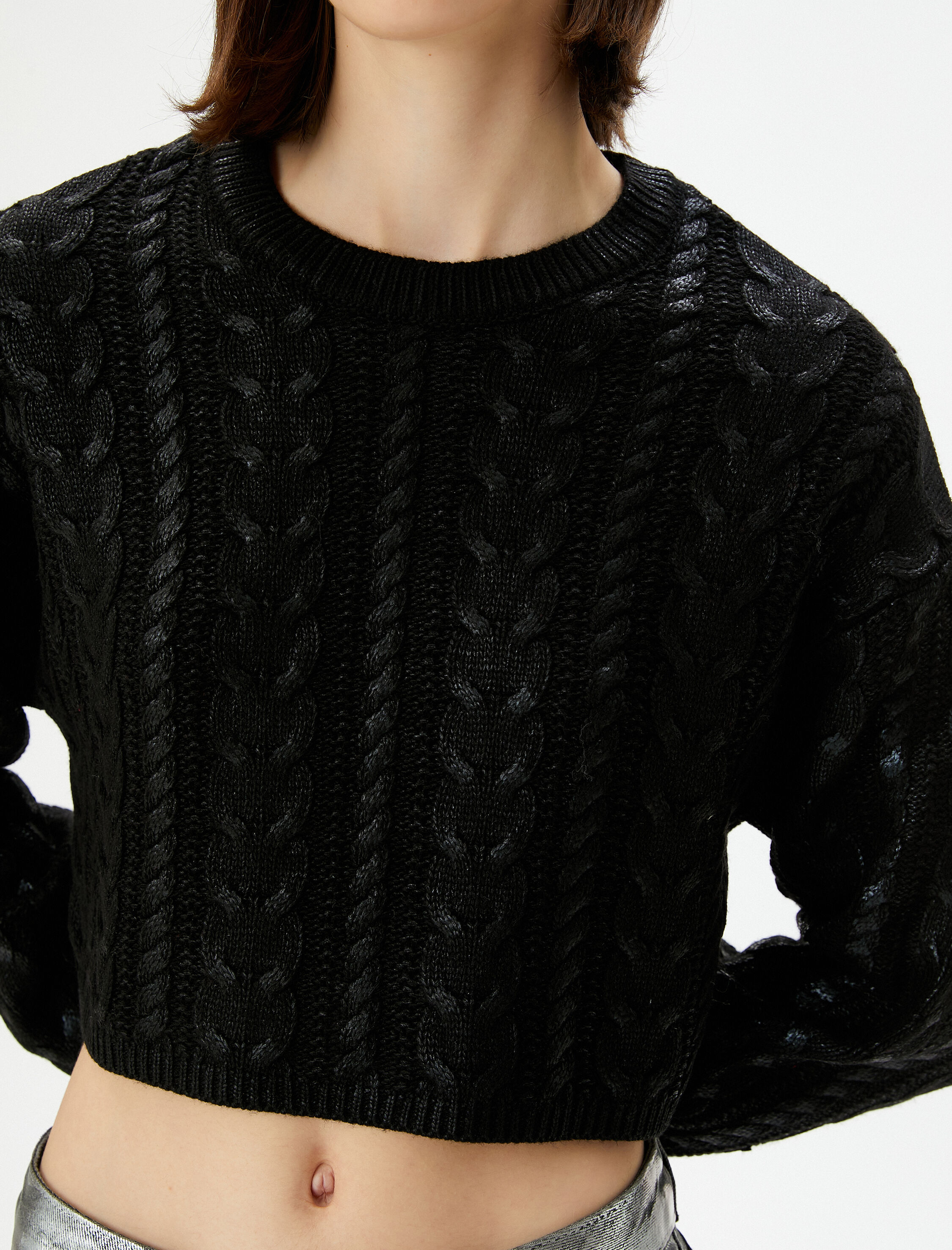   Crop Kazak Örgü Bisiklet Yaka Saç Örgüsü Dokulu