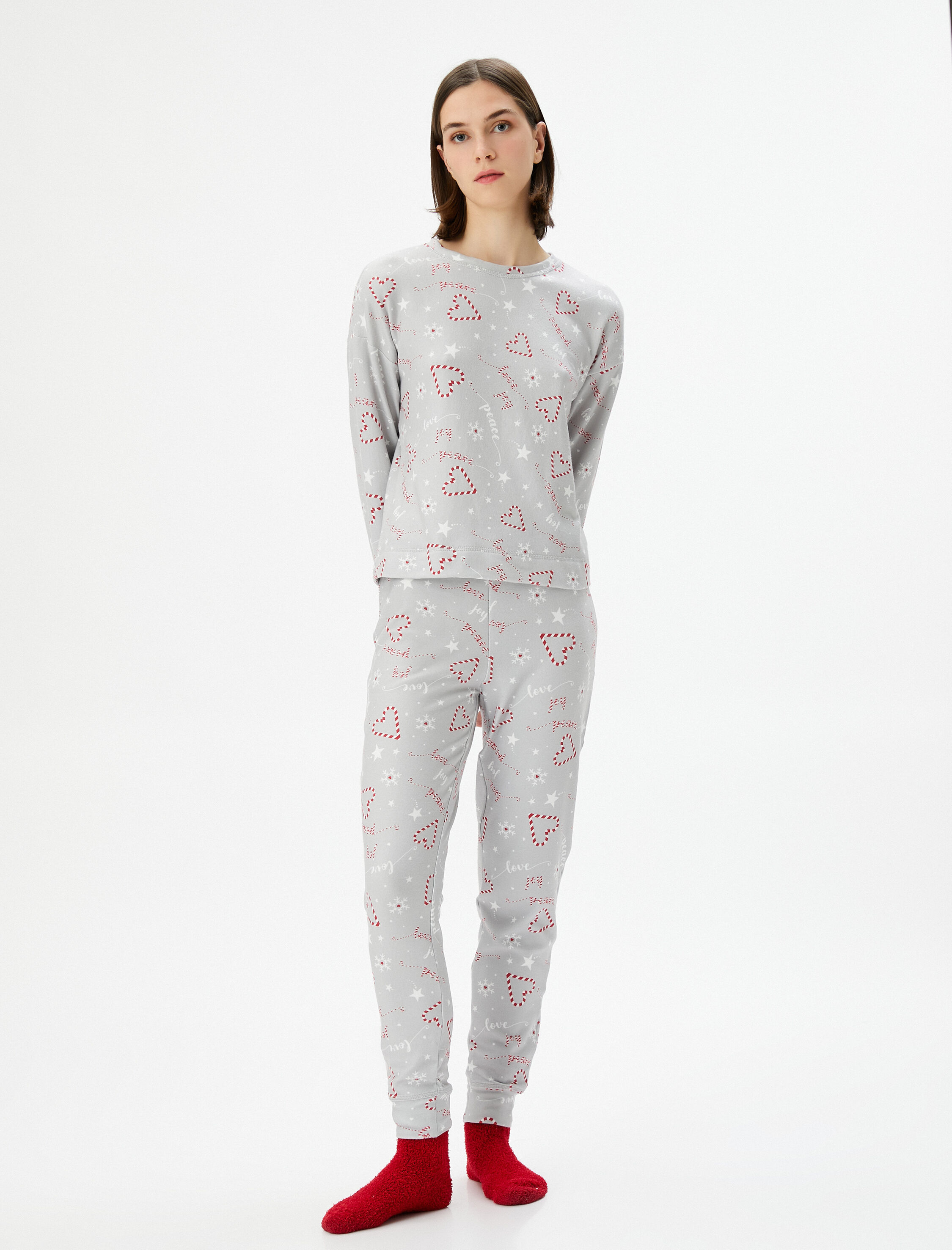   Yılbaşı Pijama Takımı Uzun Kollu Bisiklet Yaka Dar Paça