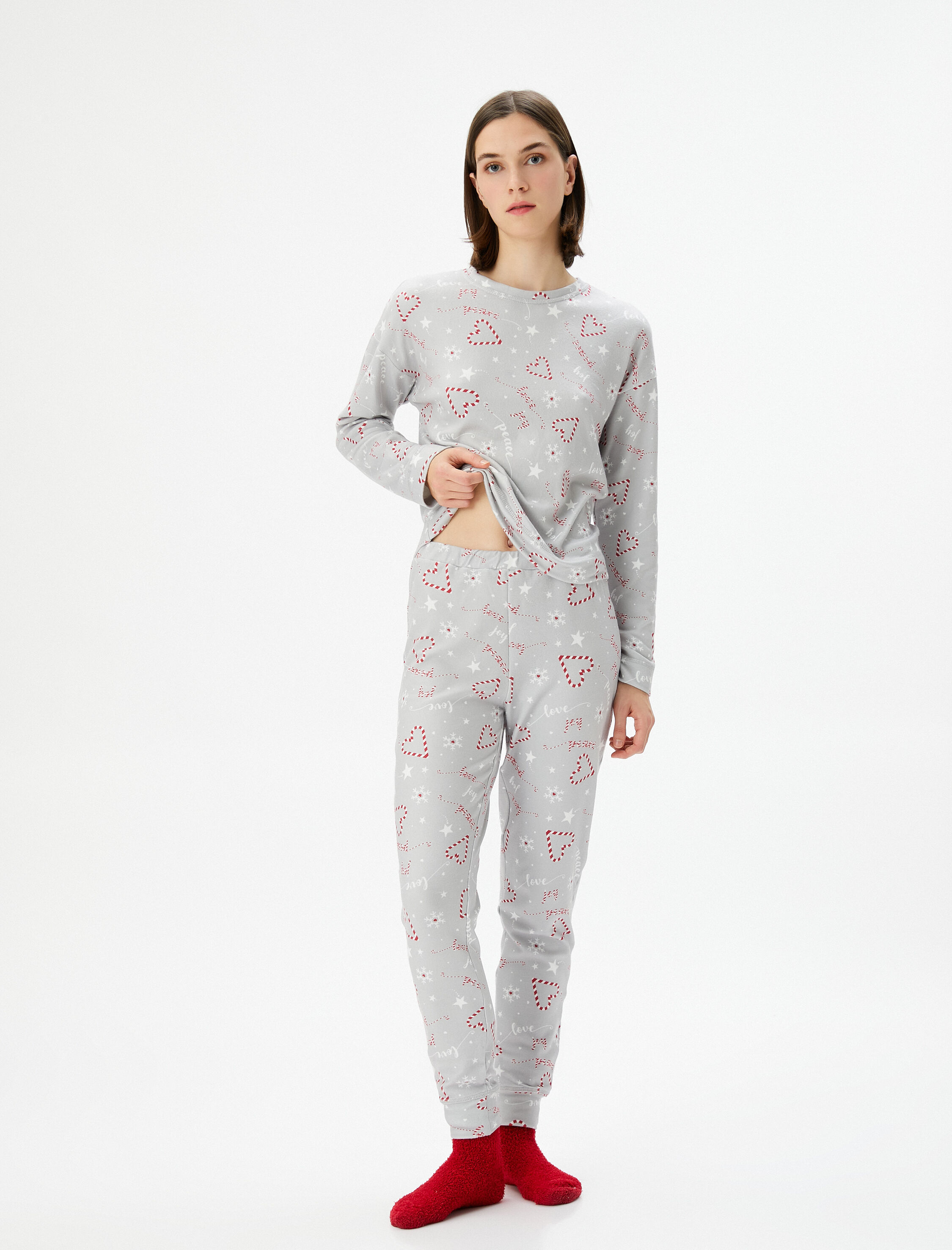   Yılbaşı Pijama Takımı Uzun Kollu Bisiklet Yaka Dar Paça