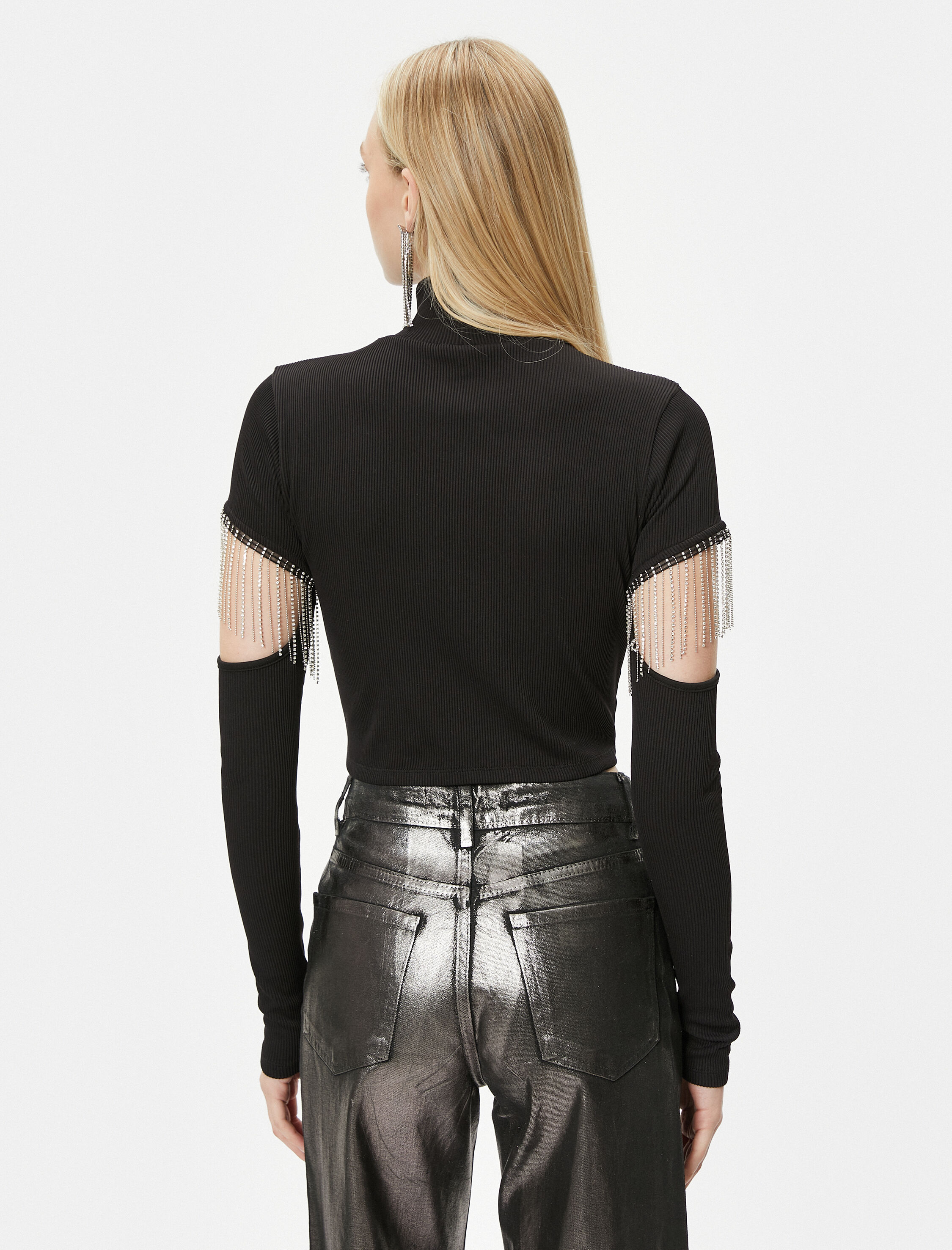   Crop Tişört Uzun Kollu Pencere ve Metal Aksesuarlı - El Emeği Koleksiyonu