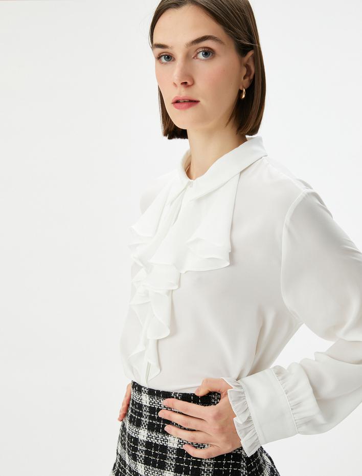  Fırfırlı Yaka Gömlek Uzun Kollu Düğmeli