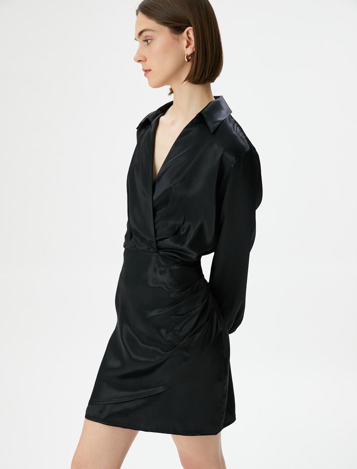  Mini Saten Elbise Anvelop Gömlek Yaka Uzun Kollu